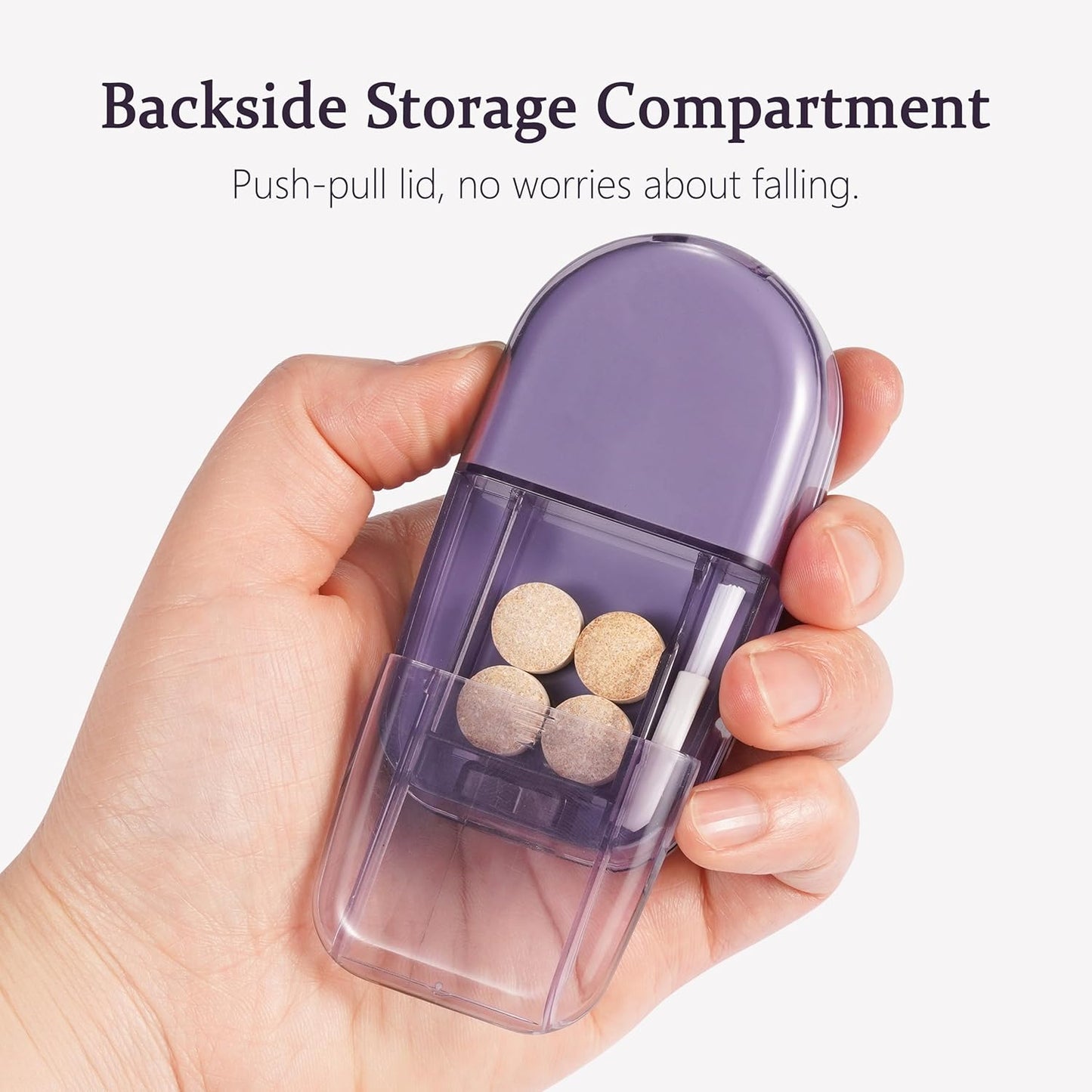 Pill Cutter Splitter for Small and Tiny Pills, or Large Pills. V-Shaped Design for Multiple Sizes. Safety Blade Guard. Loss-Proof Built-in Small Brush & Sliding Door Pill Storage (Clear)