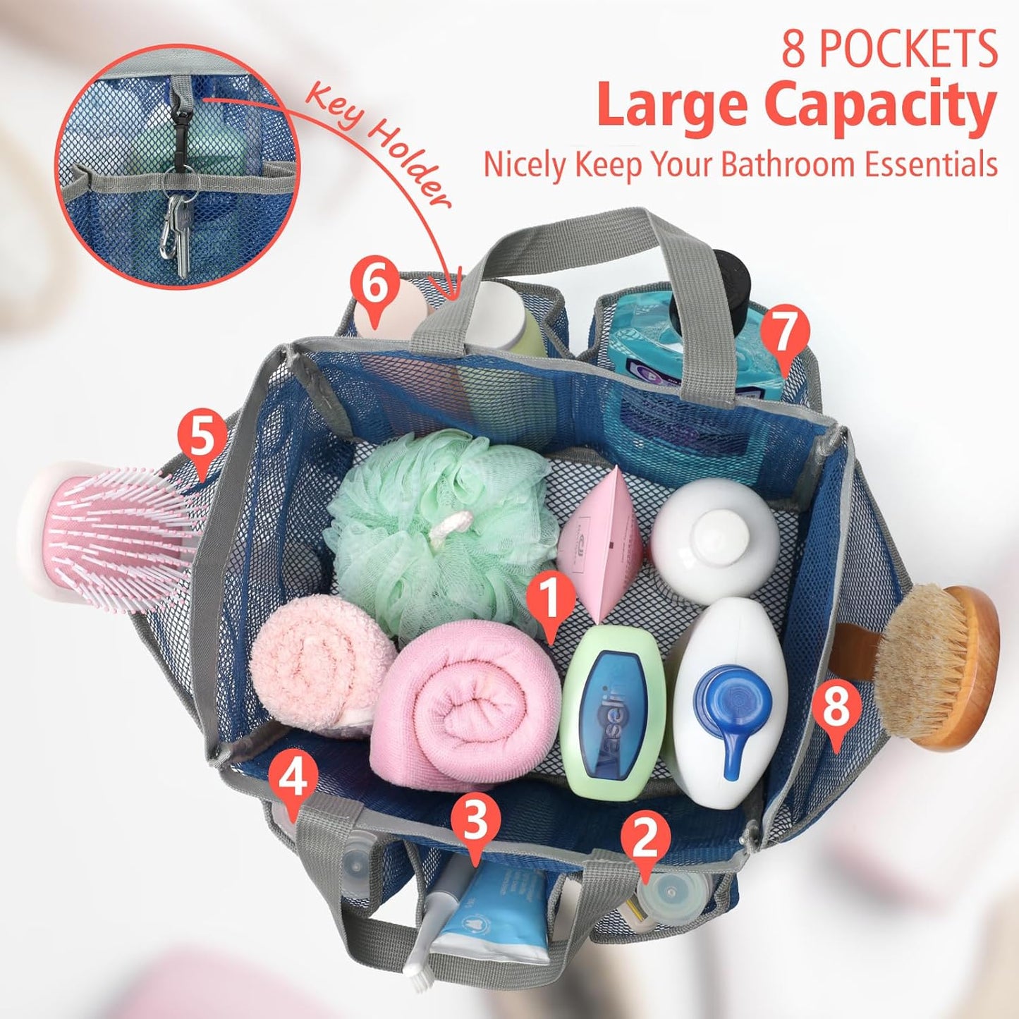 F-color Mesh Shower Caddy Portable - 2 Handles Upgrade Deeper 7 Pockets Basket Bag Tote for College Dorm Room Toiletry Bathroom Essentials Gym Camp Quick Dry with S Hook, 2 Pack Blue