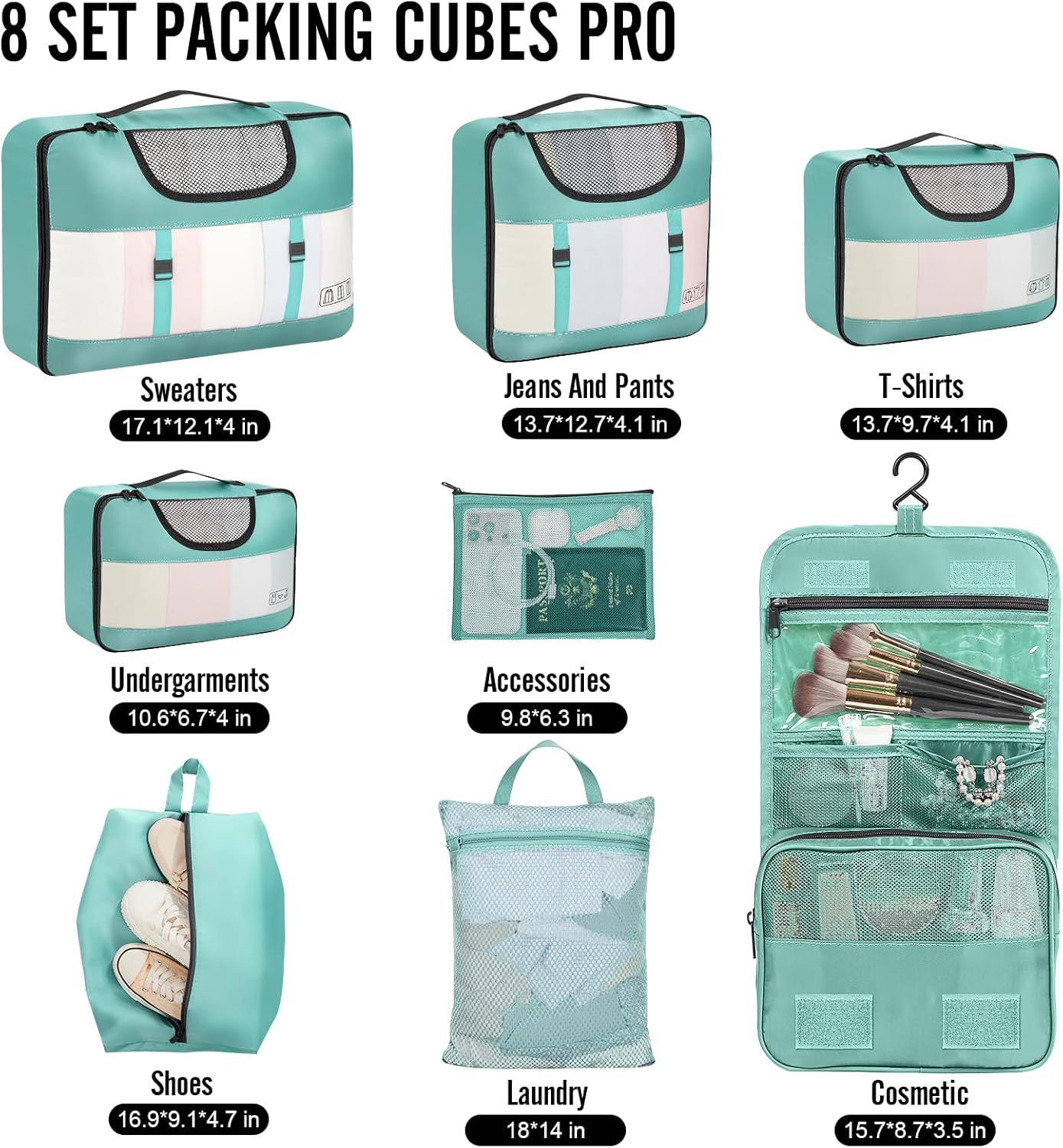 Veken 8 Set Packing Cubes for Travel Essentials, Suitcase Organizer Bags in 4 Sizes, Carry-On Luggage Accessories with Large Laundry & Hanging Toiletry Bag, Must-Have for Airplane, Road Trip & Camping