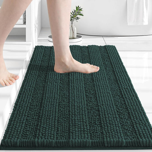 Grandaily Chenille Striped Bathroom Rugs 30x20, Extra Thick and Absorbent Bath Mats, Non-Slip Soft Plush Shaggy Shower Carpet, Machine Wash Dry, Bath Rug for Bathroom, (Medium, Blackish Green)