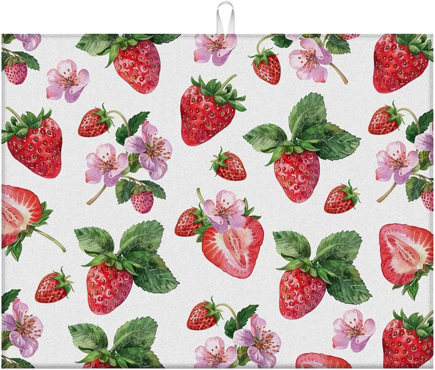Dish Drying Mat For Kitchen Counter, Cute Watercolor Strawberries Microfiber Absorbent Dish Drainer Rack Pad Reusable Large 18x24in Drying Mat