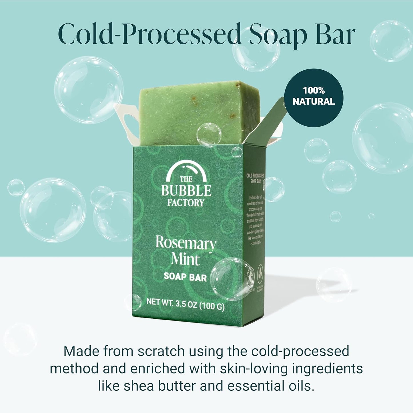 The Bubble Factory Handmade Soap, All Natural Soap for Women & Men, Hand, Bath & Body Natural Bar Soap, Vegan, Palm Oil Free, Made in USA with Shea Butter + Essential Oils, Rosemary Mint, Single