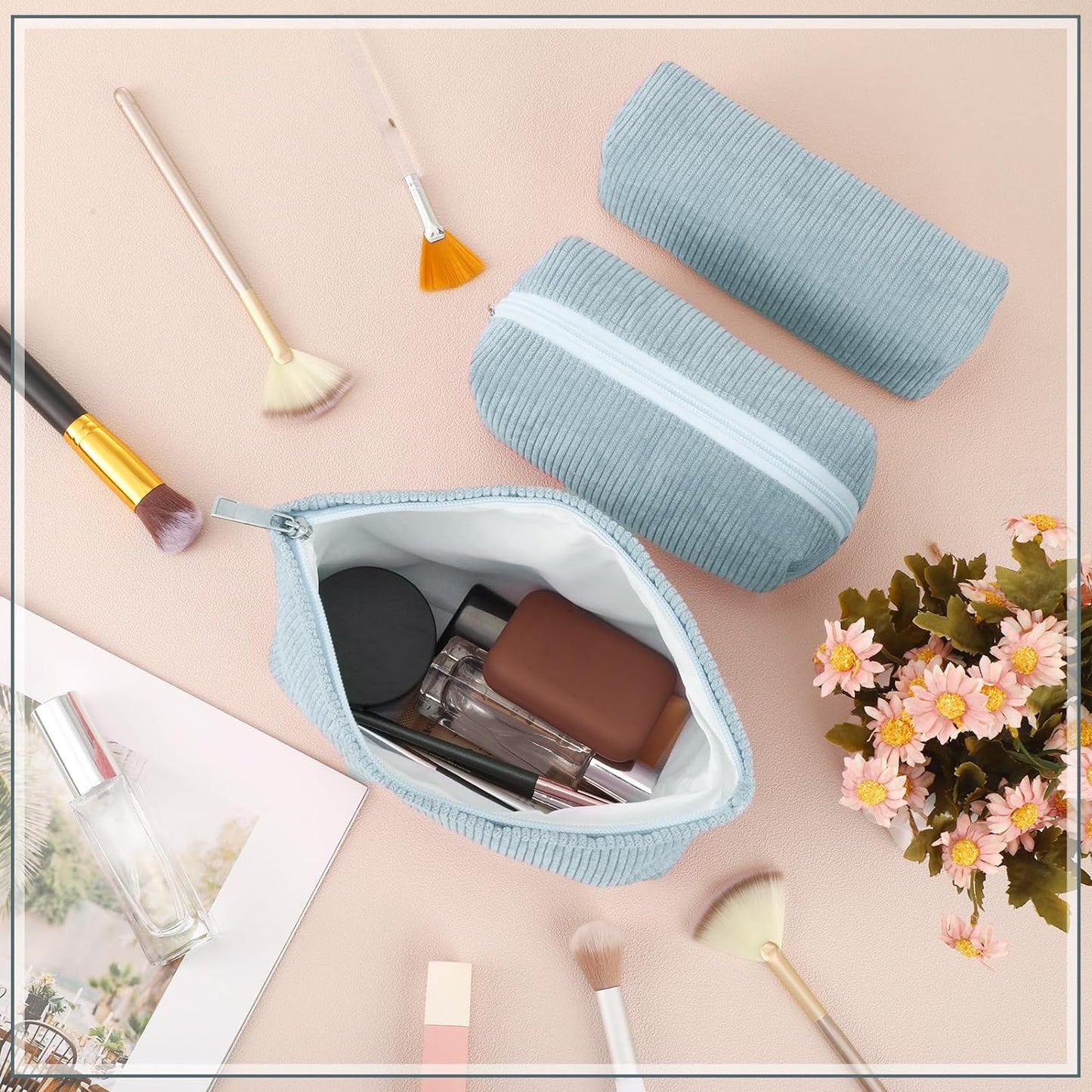 3 Pcs Makeup Bag Set for Women Corduroy Cosmetic Pouch Aesthetic Smile Travel Toiletry Bag Cute Purse Pouch Pencil Case Makeup Brushes Storage Organizer for Christmas(Blue,Solid Style)