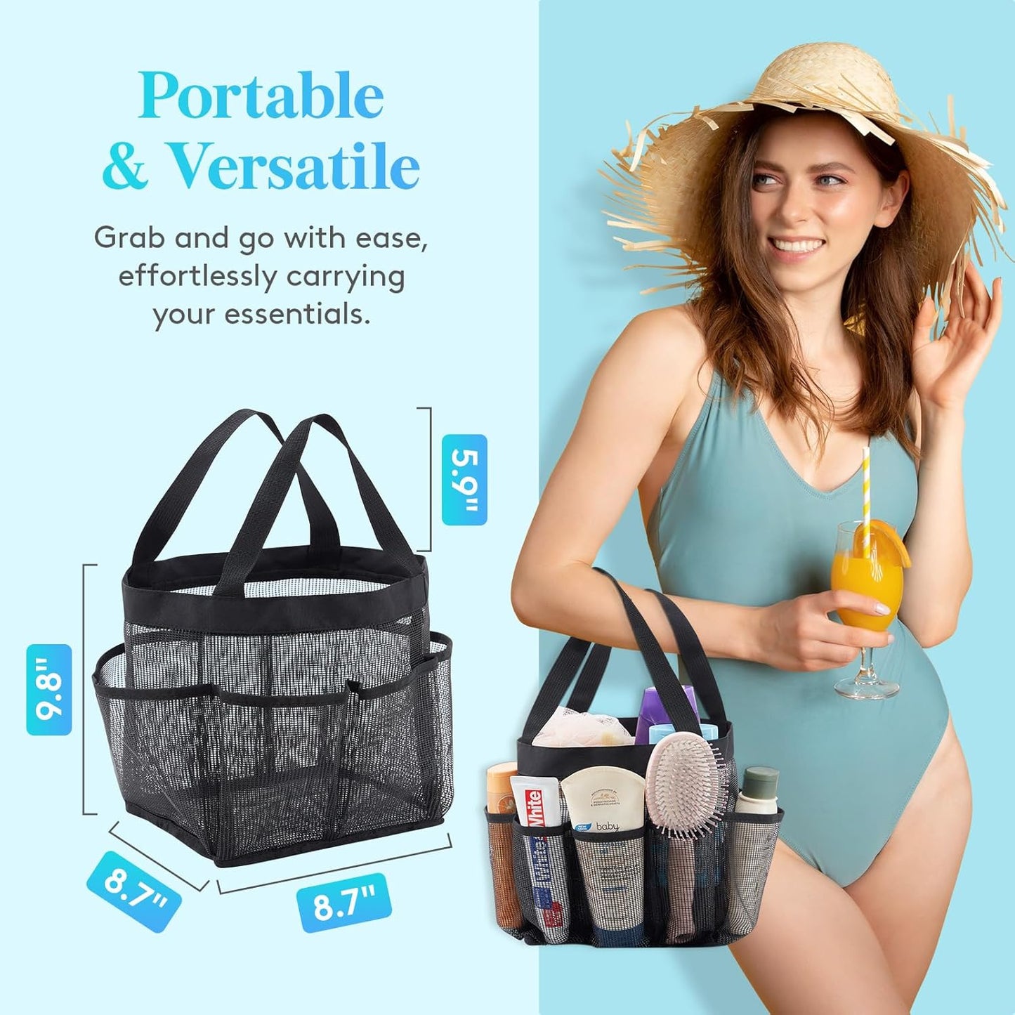 Lifewit Mesh Shower Caddy Freestanding Portable Shower Tote Bag for College Dorm, Bathroom, Gym, Travel, Quick Dry Hanging Organizer with 7 Storage Pockets for Toiletry Essentials, Large, Black