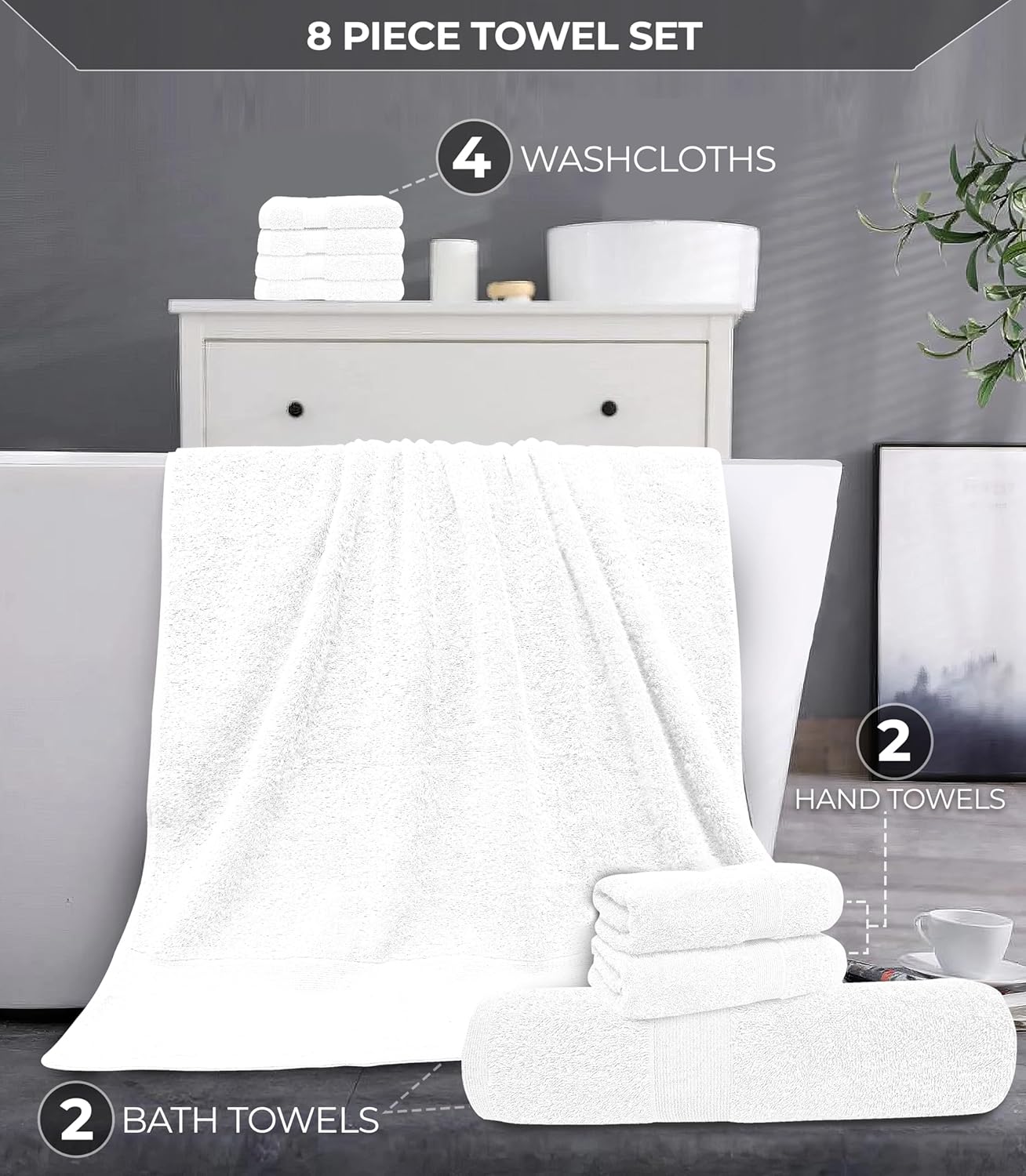 Softolle Luxury 8 Piece Towel Set, 2 Bath Towels 2 Hand Towels 4 Washcloths, Towels for Bathroom, Home, Spa & Gym - Highly Absorbent (White)