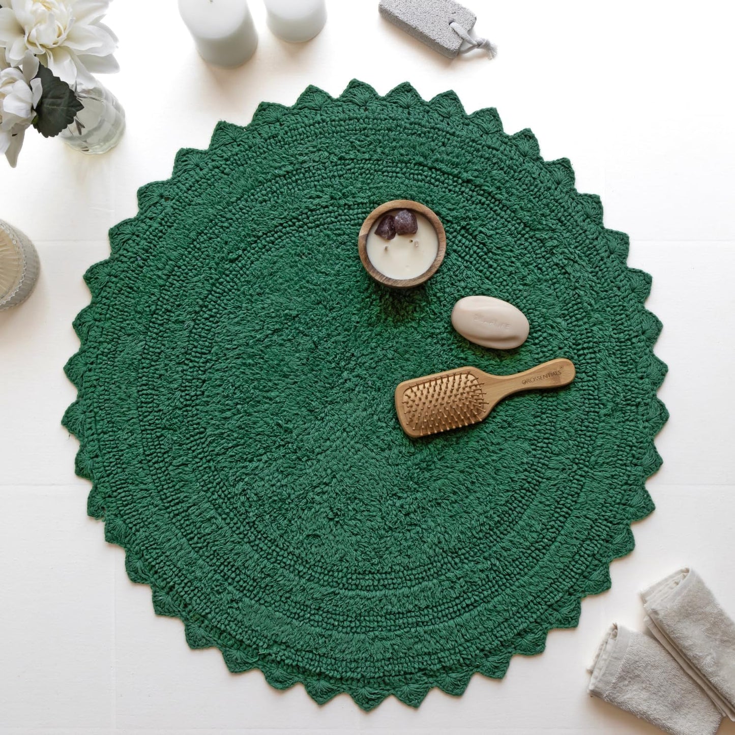 RAJRANG Foliage Green Crochet Round Rug – 24 Inch Cotton Bath Mat, Reversible, Soft & Absorbent Circle Rug for Bathroom, Vanity, Spa, or Boho Home Décor