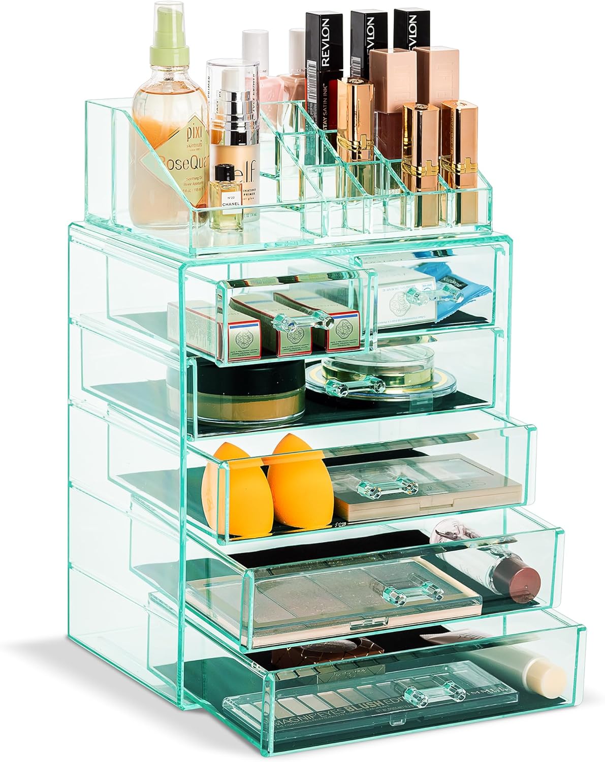 Sorbus Clear Cosmetic Makeup Organizer - Make Up & Jewelry Storage, Case & Display - Spacious Design - Great Holder for Dresser, Bathroom, Vanity & Countertop (4 Large, 2 Small Drawers) [Teal Thrill]