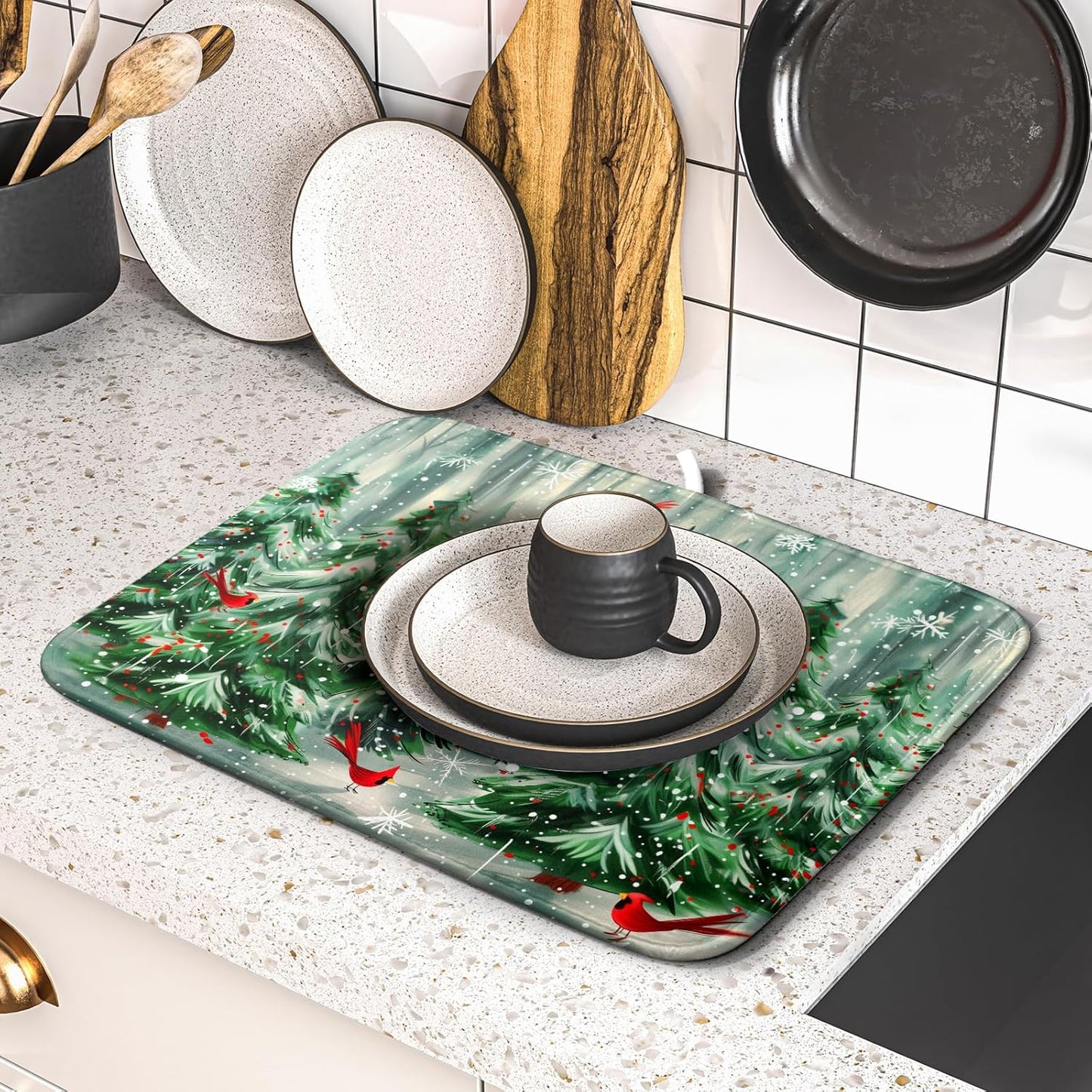 Winter Pine Tree Dish Drying Mat Red Bird Berry Dishes Drainer Mats Absorbent Microfiber Kitchen Counter Protector Drying Mats 16x18 Inch