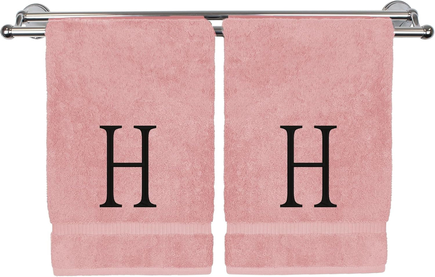 Monogrammed Hand Towel, Personalized Initial Gift, Extra Absorbent 100% Turkish Cotton - Soft Terry Finish - Set of 2 - Black Block Initial H - Embroidered on Pink Towels