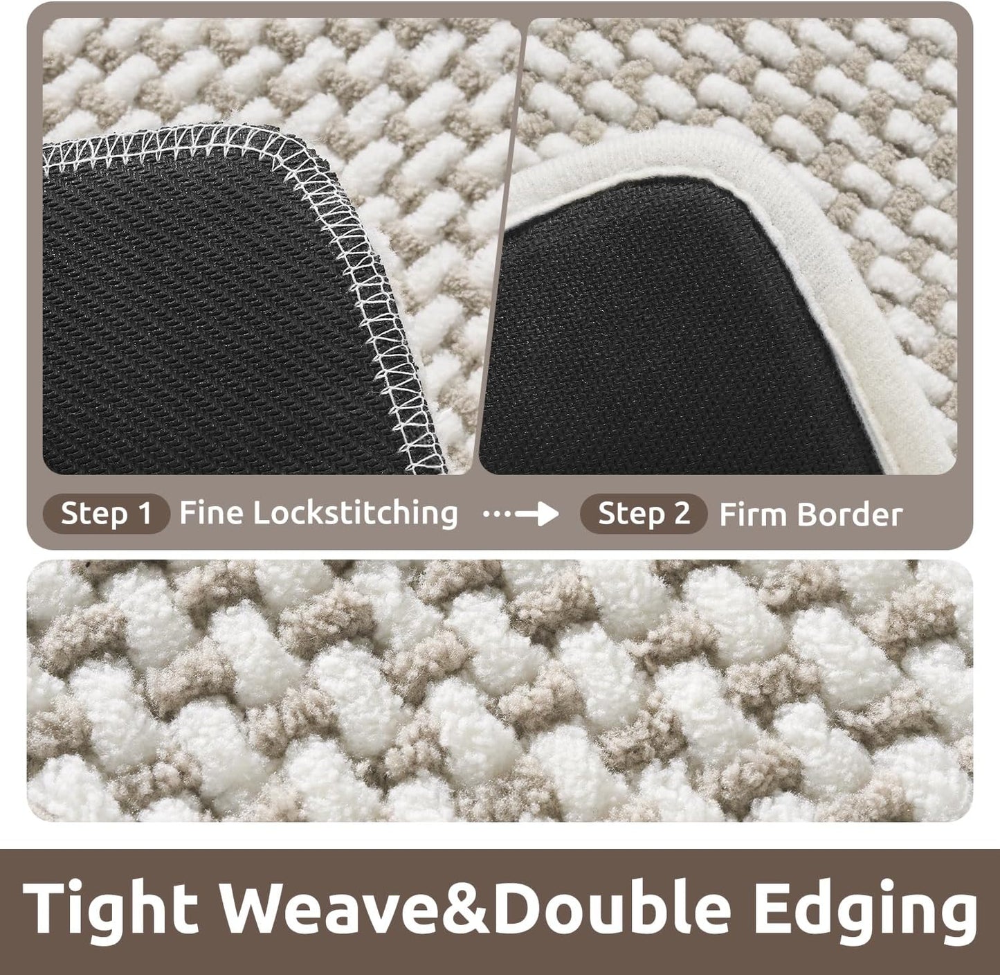 AMOAMI Chenille Bath Mat Super Absorbent Bathroom Mat Quick Dry Bath Mats for Bathroom Rubber Backed Bathroom Rugs Non Slip Washable Fit Under Door, Front of Bathtub, Sink, Beige&White 17"x24"