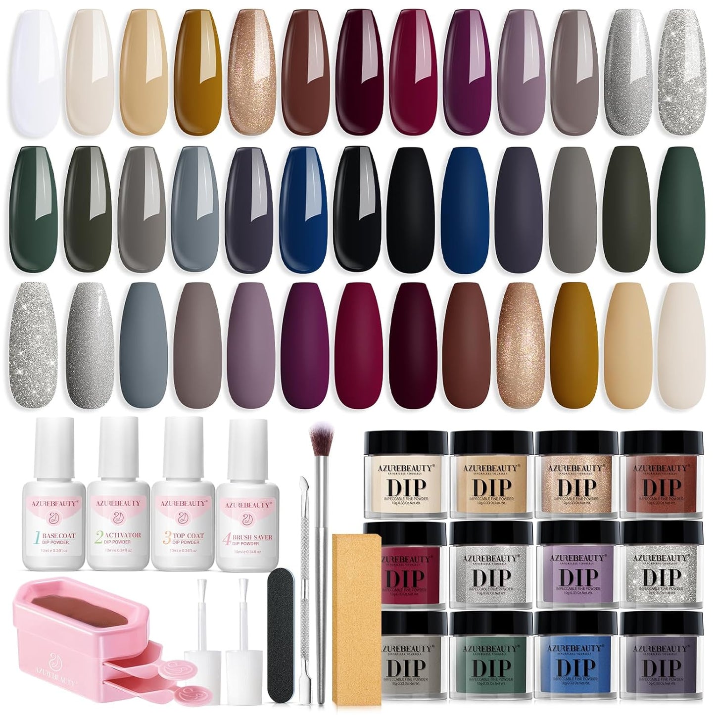 AZUREBEAUTY Dip Powder Nail Kit Starter 20 Colors Glitter Dark Green Grey Purple Fall Winter 31 Pcs Dip Powder Liquid Set with Top/Base Coat Activator for French Nails Art Manicure DIY Salon Gift
