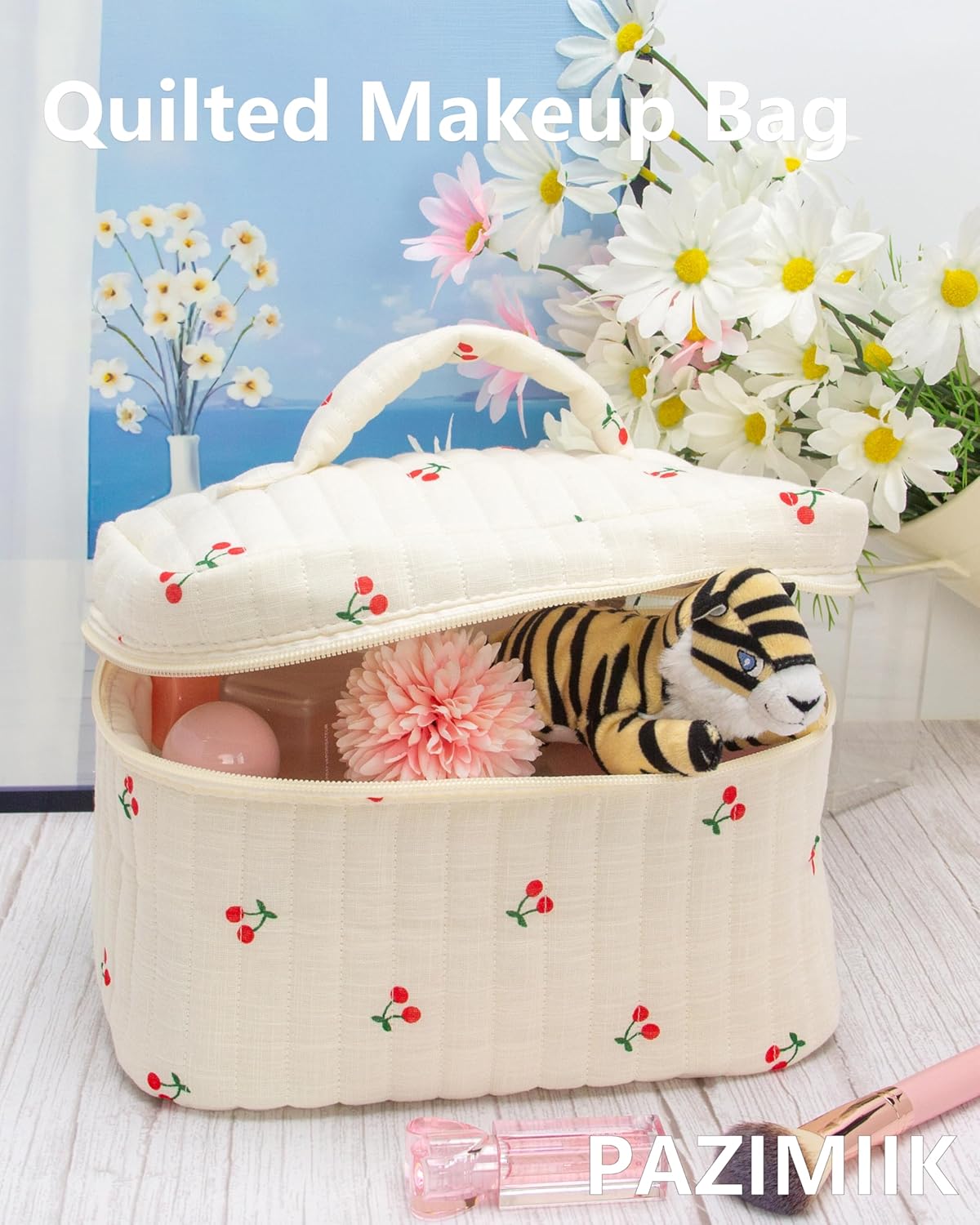 PAZIMIIK Quilted Makeup Bag Large Travel Zipper Soft Cosmetic Case for Women Girls Make Up,Cherry Beige