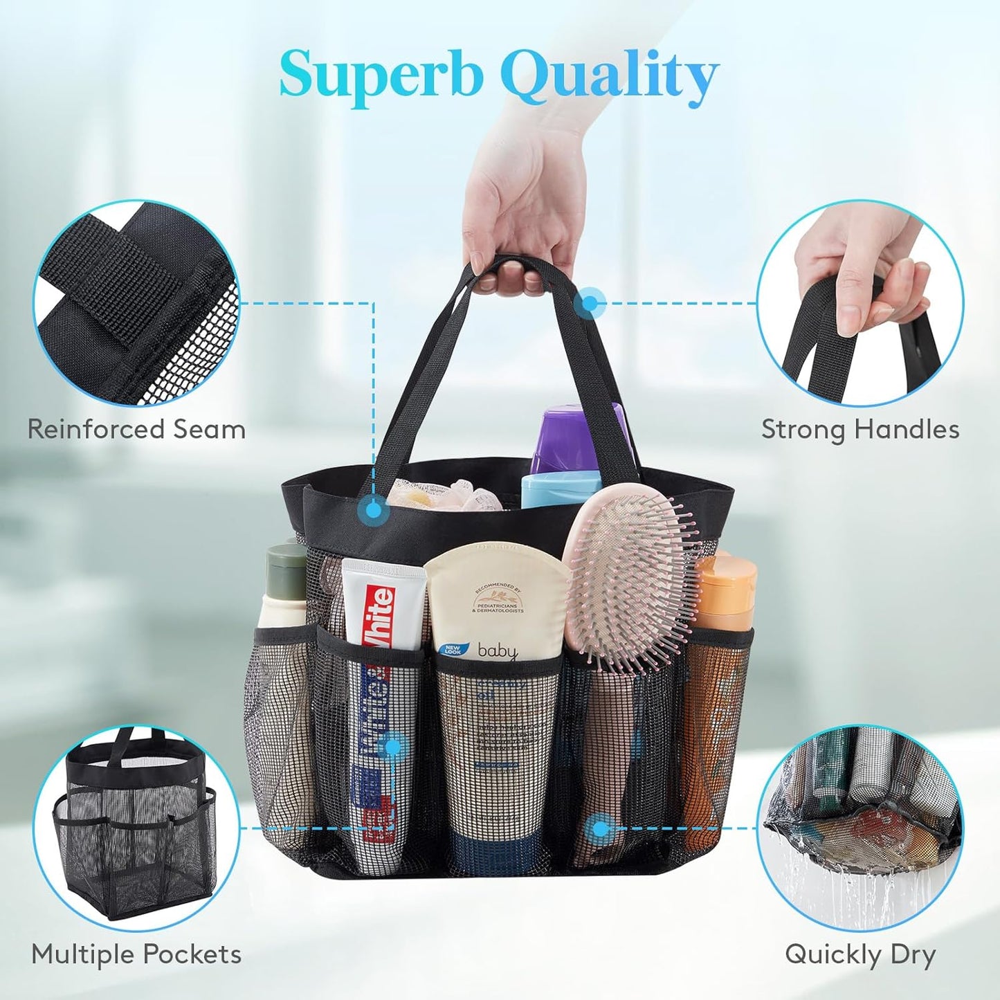 Lifewit Mesh Shower Caddy Freestanding Portable Shower Tote Bag for College Dorm, Bathroom, Gym, Travel, Quick Dry Hanging Organizer with 7 Storage Pockets for Toiletry Essentials, Large, Black