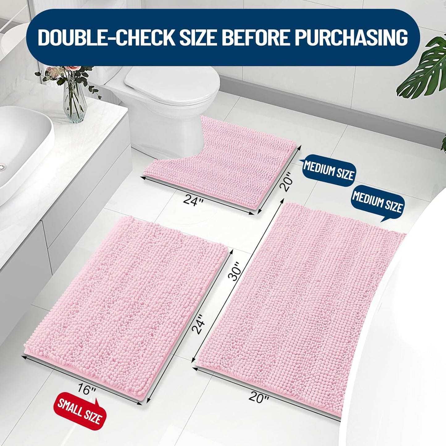 Grandaily Chenille Striped Bathroom Rugs 36x24, Extra Thick and Absorbent Bath Mats, Non-Slip Soft Plush Shaggy Shower Carpet, Machine Wash Dry, Bath Rug for Bathroom, (Large, Pink)