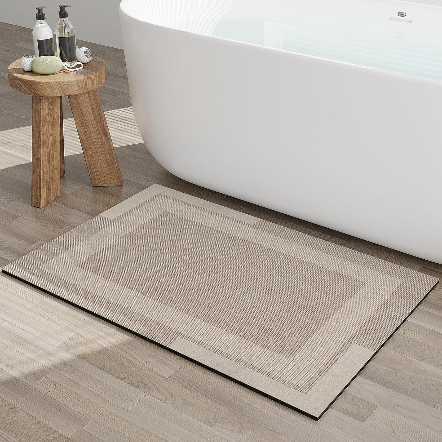 Non Slip Bath Mat, Rubber Backing Ultra Thin Bathroom Rugs Fit Under Door Quick Dry Super Absorbent Washable Bath Rug Shower Mat for Bathroom Floor Bathtub Shower Sink, Easy Care Beige 24"x 35"