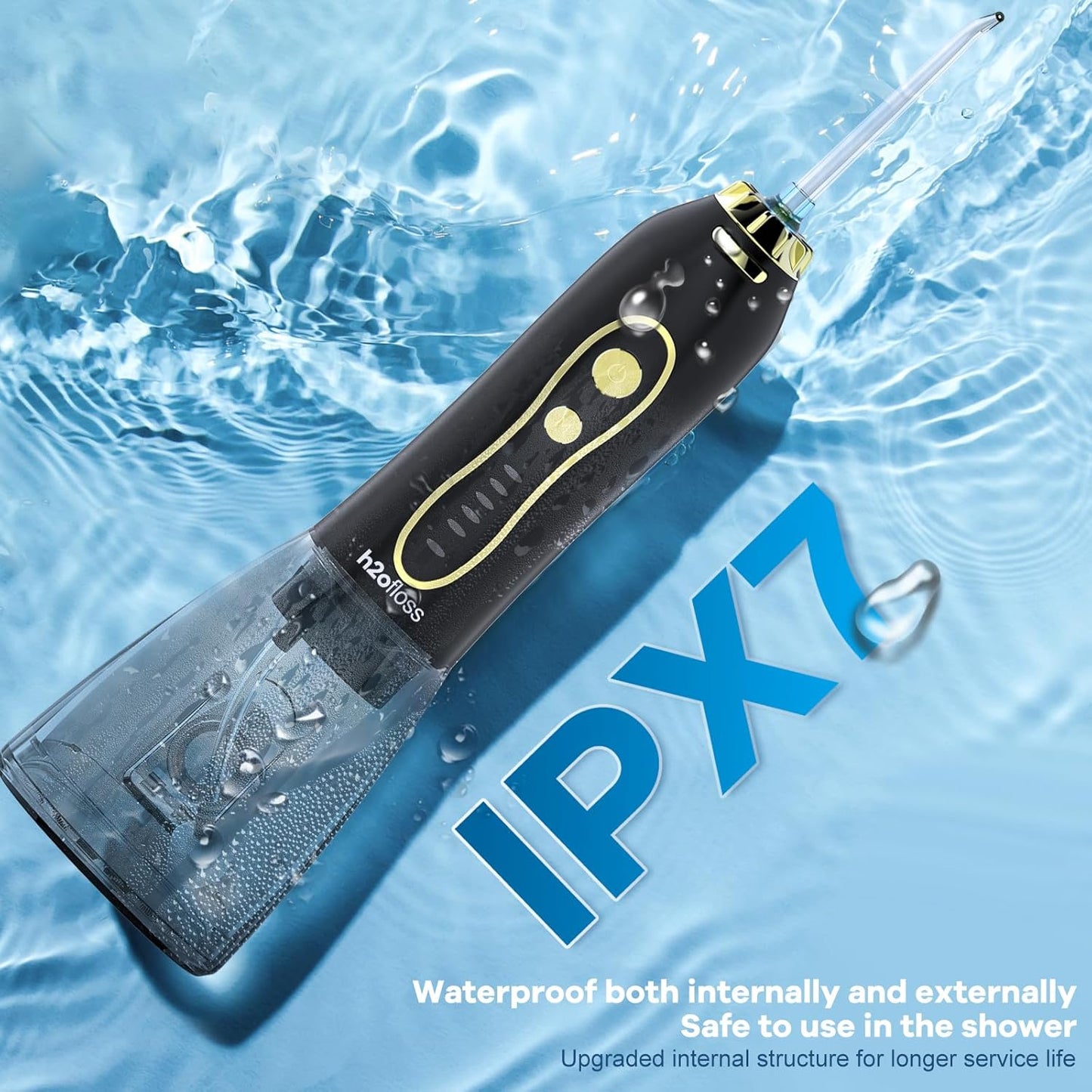 H2ofloss Water Dental Flosser Teeth Pick -Portable Oral Irrigator with 5 Modes, Rechargeable IPX7 Waterproof Orthodontic Teeth Cleaner Pick Cordless for Home Travel-300ml Water Tank Gold