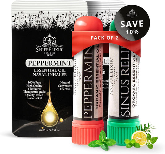 2 Pack Peppermint Inhaler Plus Sinus Nasal Inhaler – Aromatherapy Sticks for Sinus Pressure, Nausea Inhaler, Migraine Stick & Motion Sickness – Portable Essential Oil Inhalers for Adults