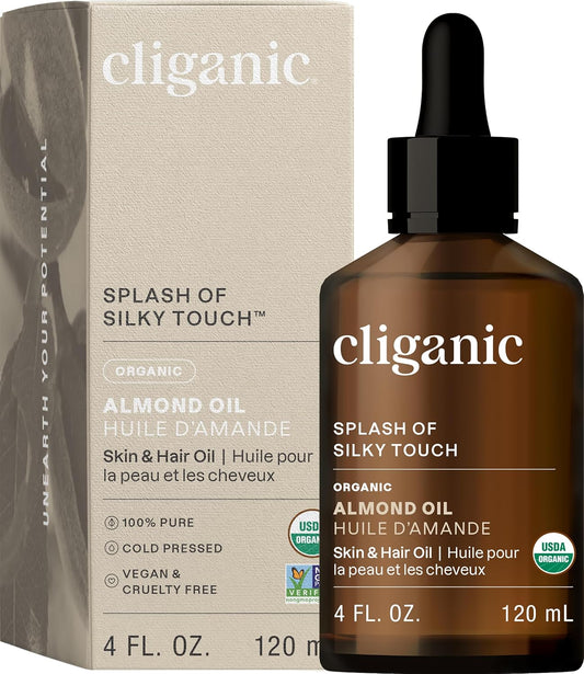 Cliganic Organic Sweet Almond Oil, 100% Pure (4oz) - for Face, Skin & Hair, Nourishing Carrier Oil