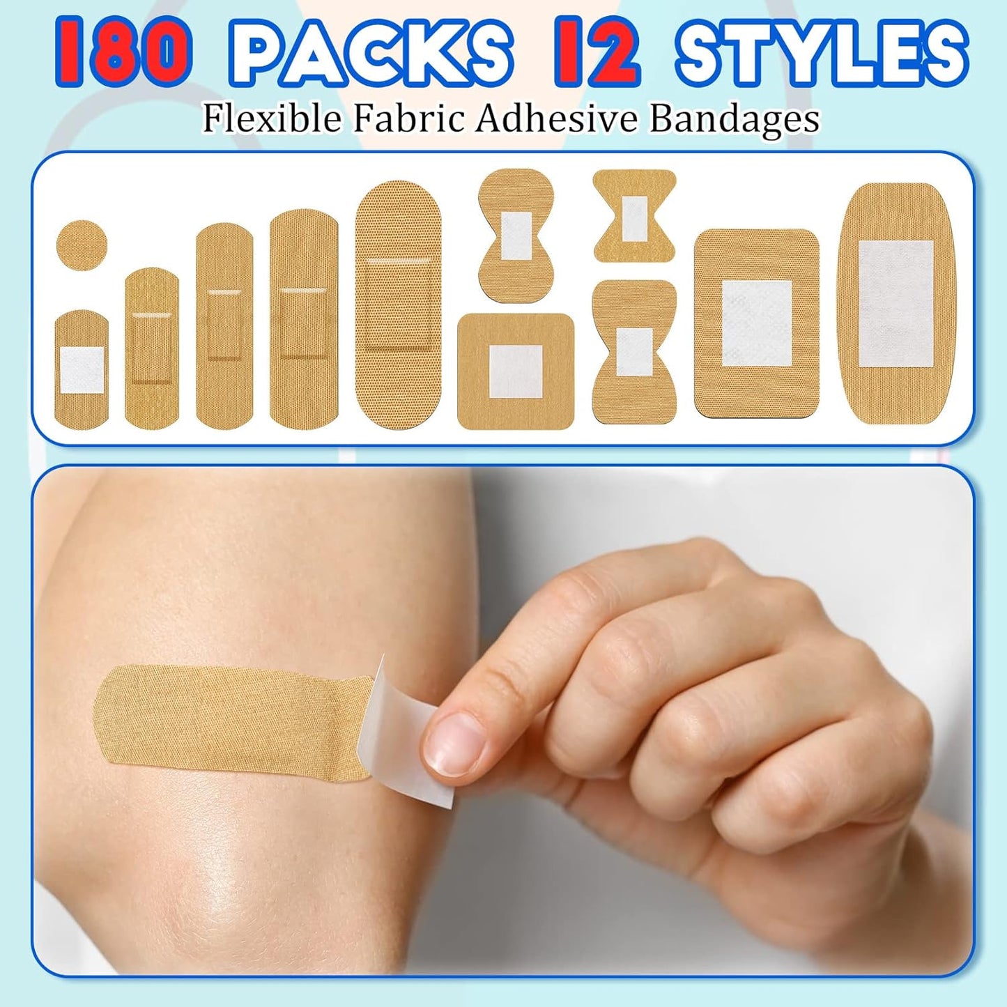 BBTO Assorted Styles Flexible Fabric Adhesive Bandages - Small Breathable Fingertip and Cloth Elastic Knuckle Bandages in Various Sizes for First Aid and Wound Care (180 Pcs)