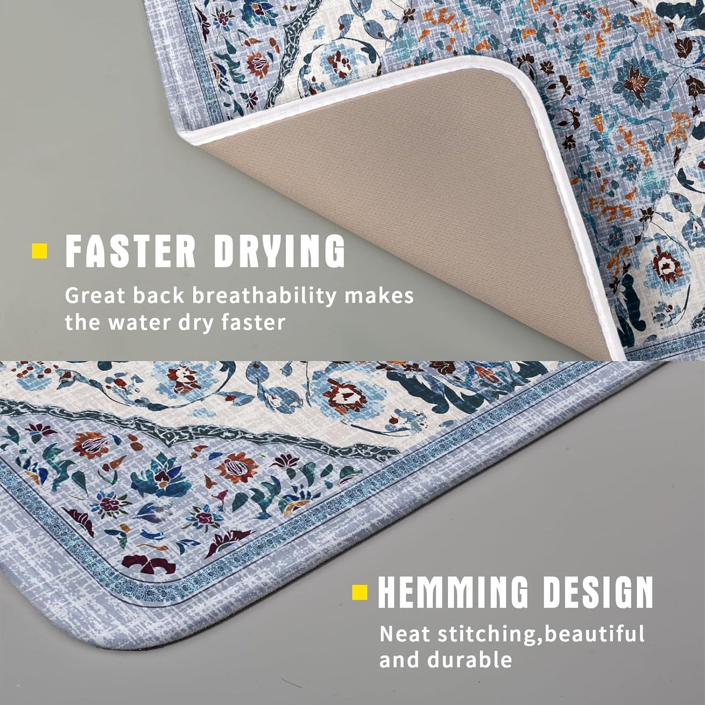 Boho Flower Dish Drying Mat Blue Bohemian Dishes Drainer Rack Mat 16x18 Inch Microfiber Kitchen Drying Pad for Countertop Tableware Decor