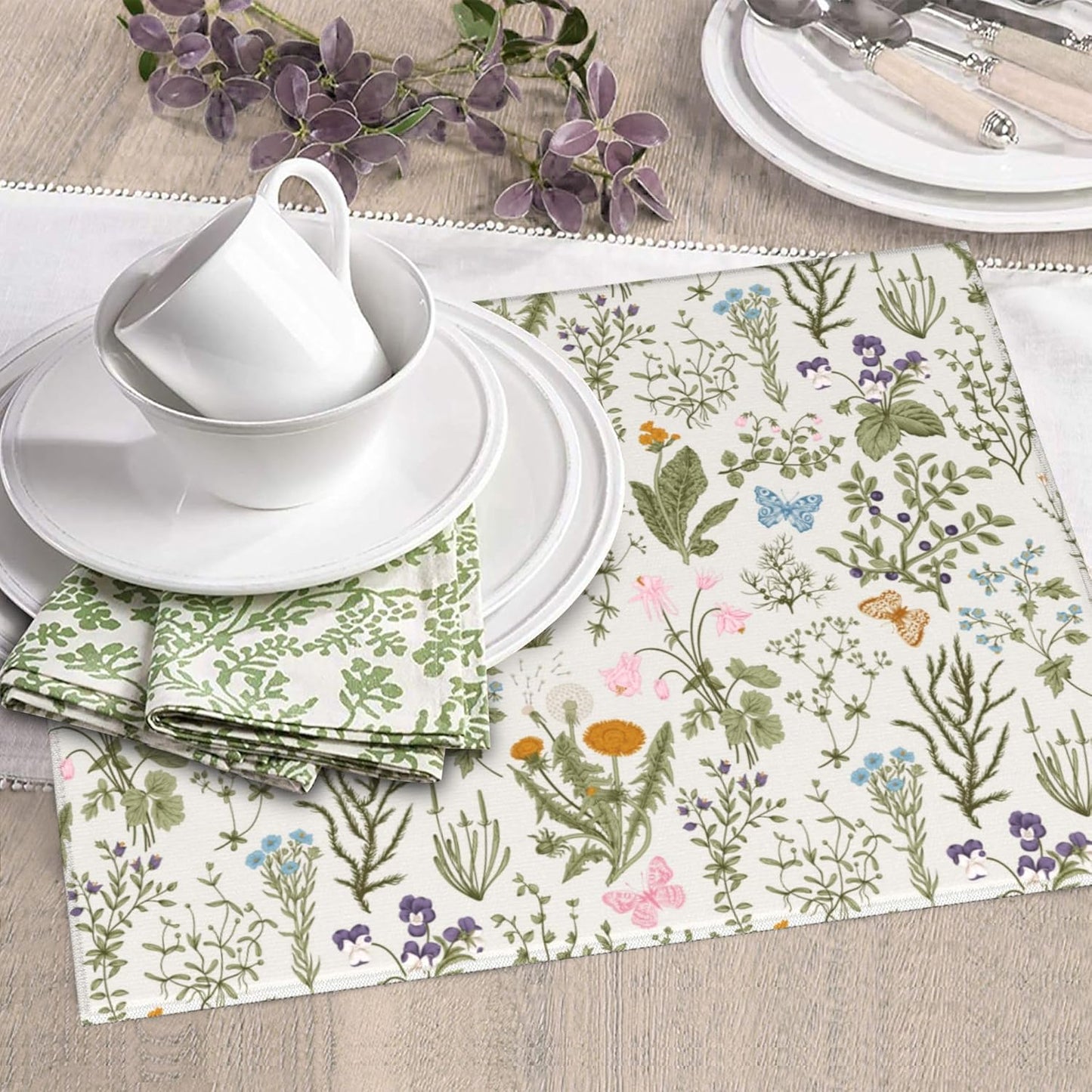 Vintage Floral Kitchen Drying Mat Herbs and Wild Flowers Microfiber Dish Drainer Mat for Kitchen Counter Cute Botanic Spring Summer Drying Pad Absorbent Reusable Washable 16x18 Inch