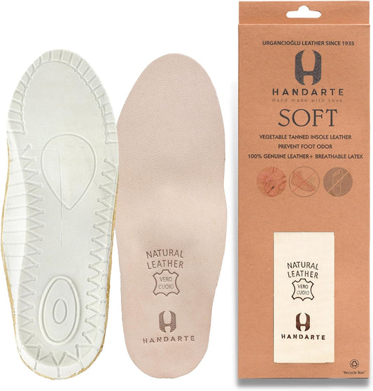 HANDARTE Leather Orthopedic Insoles | Padded Comfort Shoe Inserts for Men/Women | 100% Natural Goatskin - ChromeFree, Anti Sweat & Anti-Odor - Suitable for No-Socks (US W10/M8.5 | EU42)