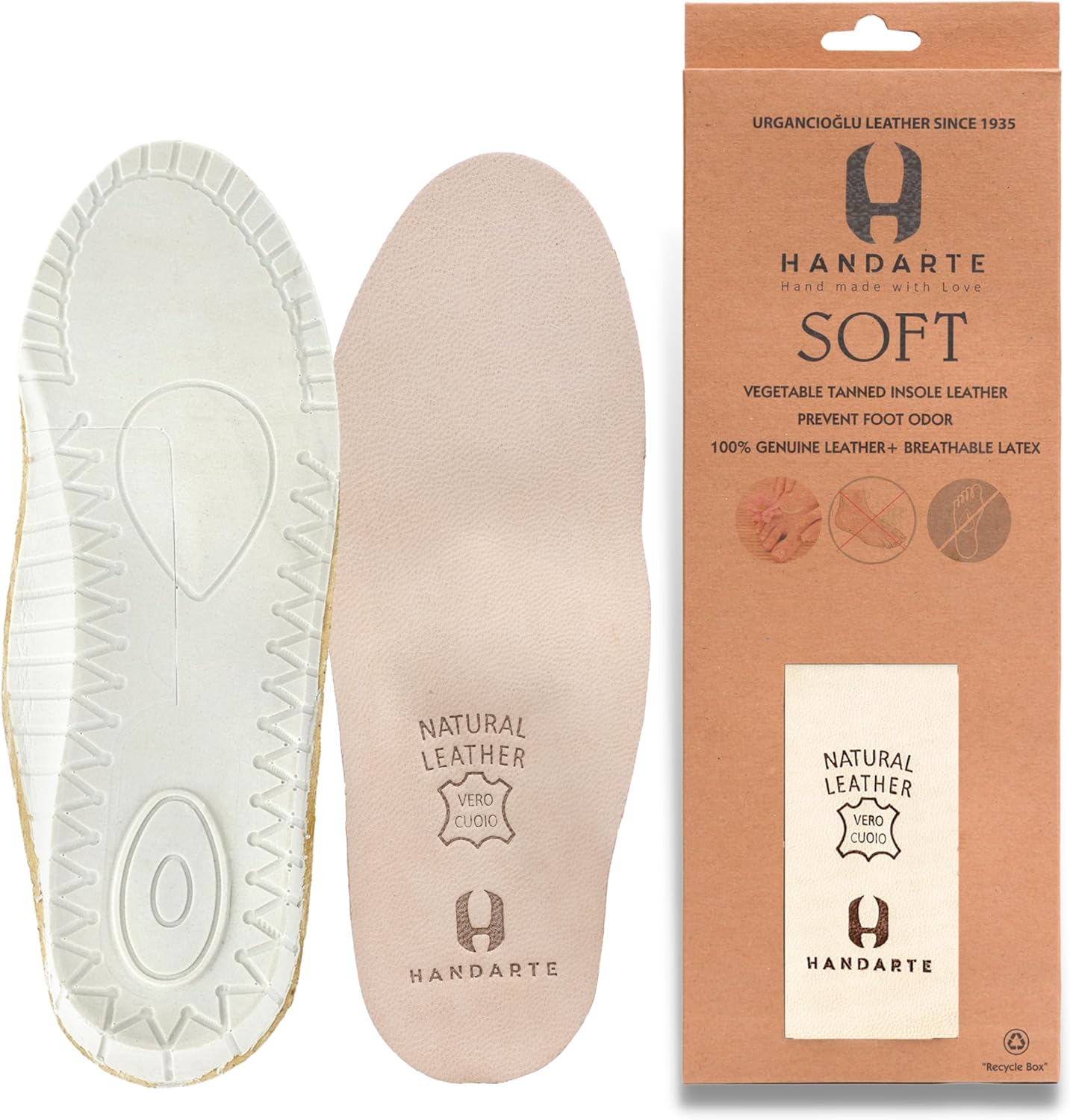 HANDARTE Leather Orthopedic Insoles | Padded Comfort Shoe Inserts for Men/Women | 100% Natural Goatskin - ChromeFree, Anti Sweat & Anti-Odor - Suitable for No-Socks (US W8.5/M7 | EU40)