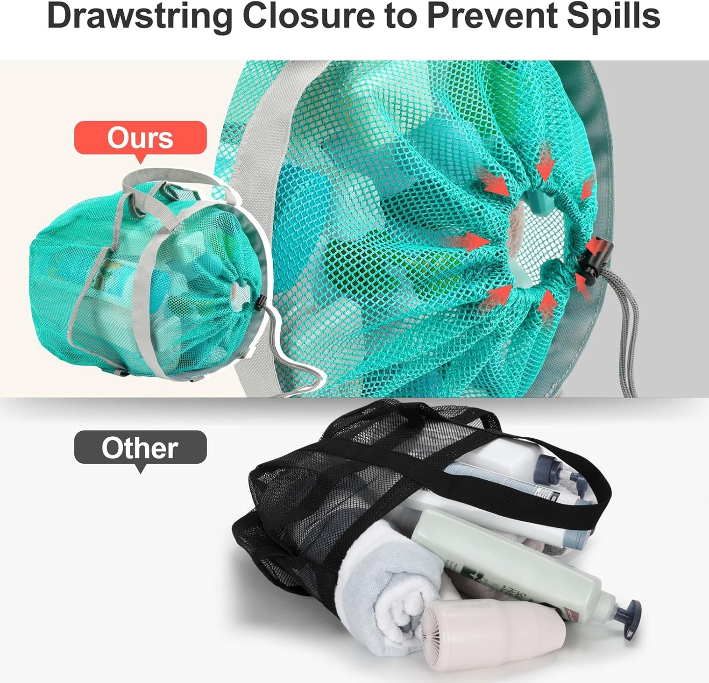 F-color Mesh Shower Caddy Portable with Drawstring - Upgrade Deeper 7 Pockets Dorm Room Essentials for Guys Girls with S Hook, Shower Bag Basket Tote for College Camping Bathroom, 2 Pack Mint Green