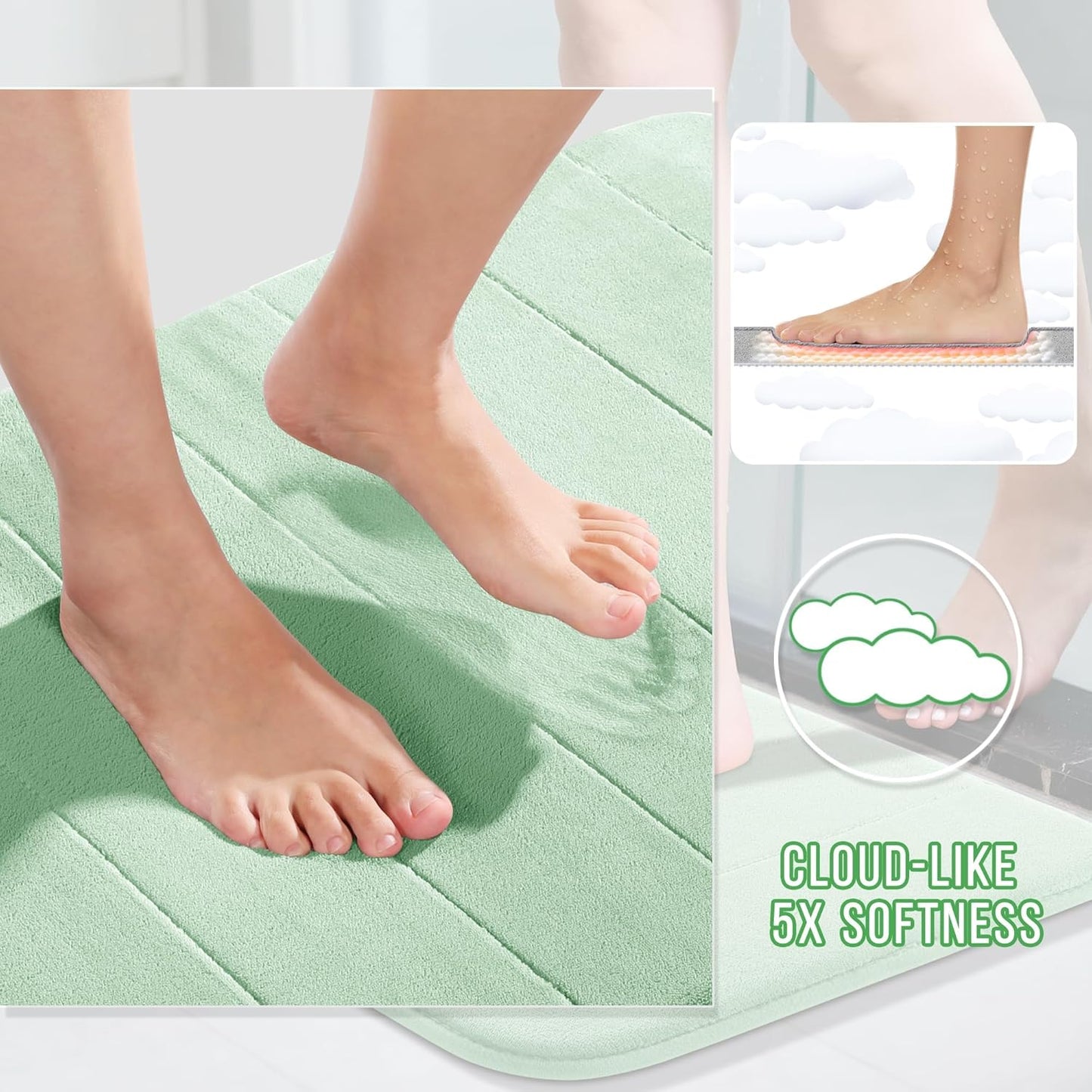 Yimobra Large Bath Mat 36"x24", Super Soft Quick Dry Memory Foam Bathroom Rug, Water Absorbent, Non Slip Backing Machine Washable for Tub Shower, Thick Comfort Support, Pale Green