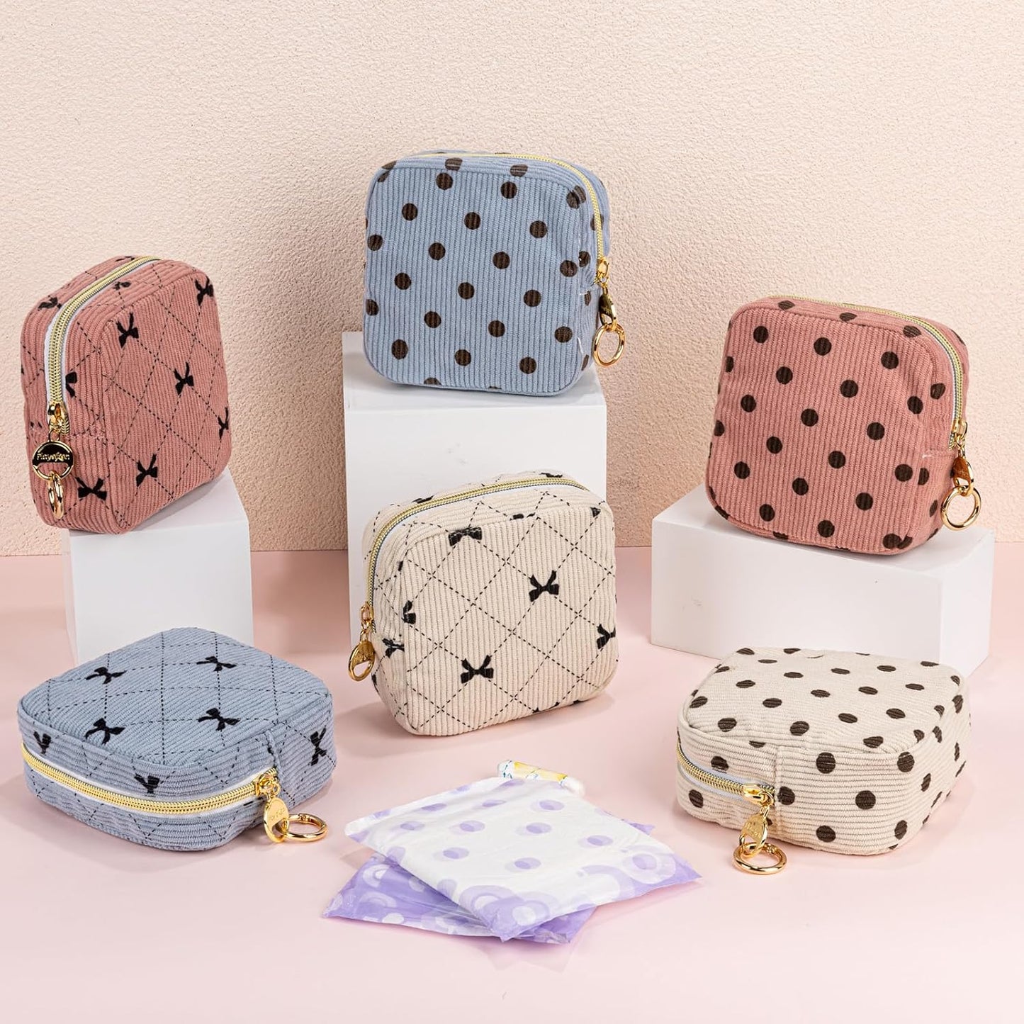 Period Bag for Teen Girls, Corduroy Cute Sanitary Napkin Storage Bag, Menstrual Pad Bag Tampon Holder for Purse