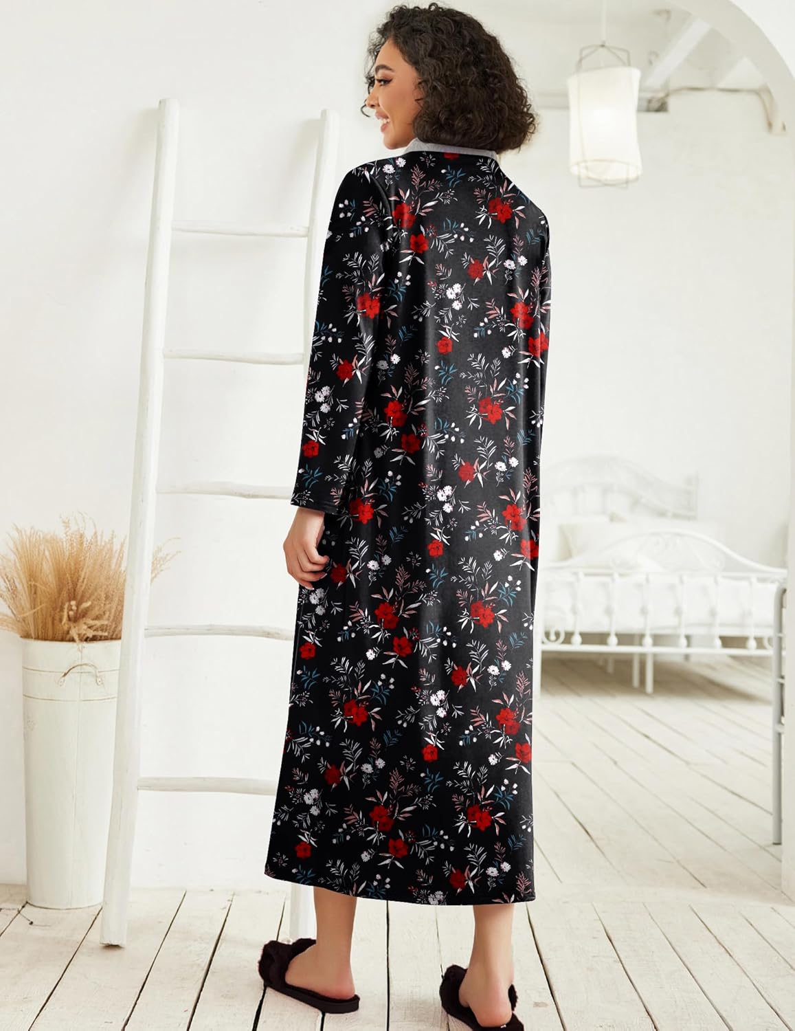 Ekouaer Women Zipper Robe Long Sleeve Loungewear Lightweight Housecoat Full Length Nightgown with Pockets