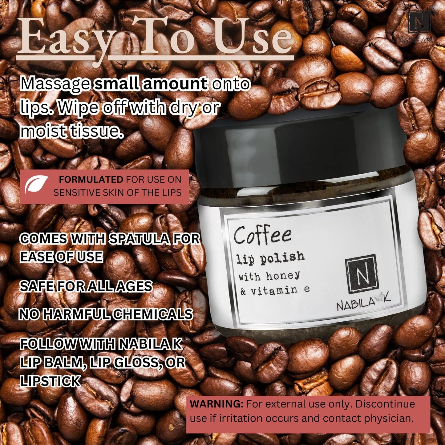 Coffee Lip Polish, 1 oz by Nabila K - Hydrating Lip Exfoliator & Moisturizer with Honey and Vitamin E for Dry and Chapped Lips - Cruelty-Free, Real Sugar, Made in USA