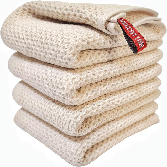 Kitchen Towels 100% Cotton Waffle Weave Dish Towel for Cleaning Drying Dishes Extra Absorbent and Soft, Dish Cloth,13 x 28 in(Beige-4 Pack)