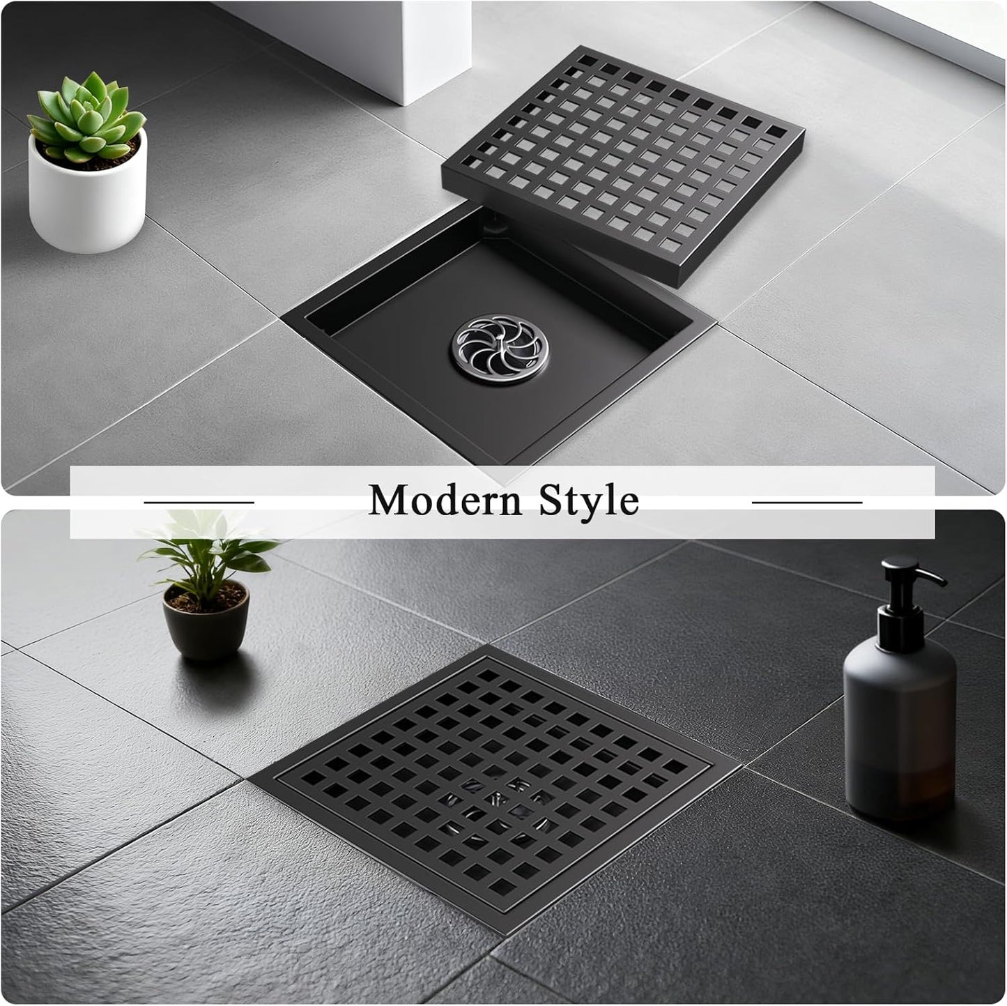 Square Shower Floor Drain with Flange, 6 Inch Matte Black Shower Drain Hair Catcher, SUS304 Stainless Steel Floor Drain Strainer, Shower Drain Cover