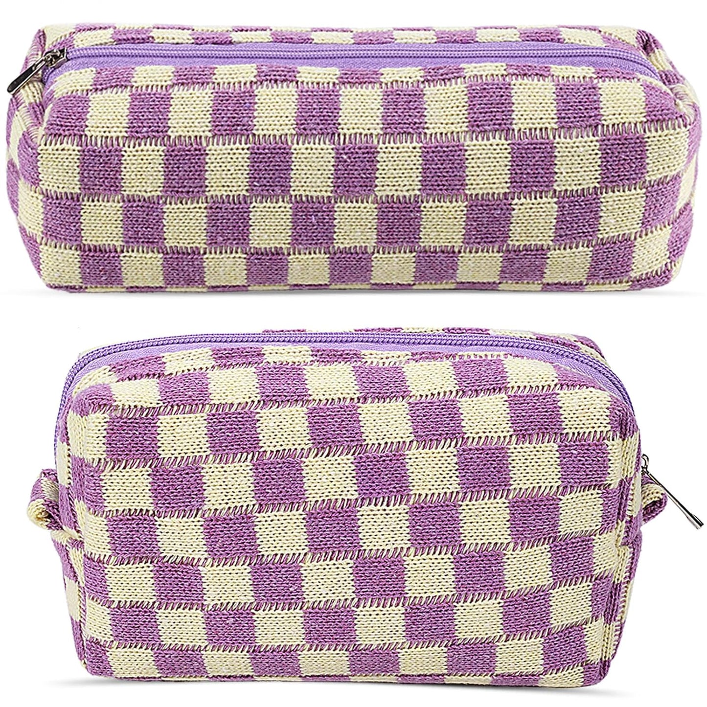 2Pcs Checkered Pencil Case Cute Pencil Pouch for Teens Checkered Makeup Bag Travel Cosmetic Bag Set Cute Makeup Pouch for Purse Portable Zippered Skincare Bags Preppy Toiletry Bags Organizer(Purple)