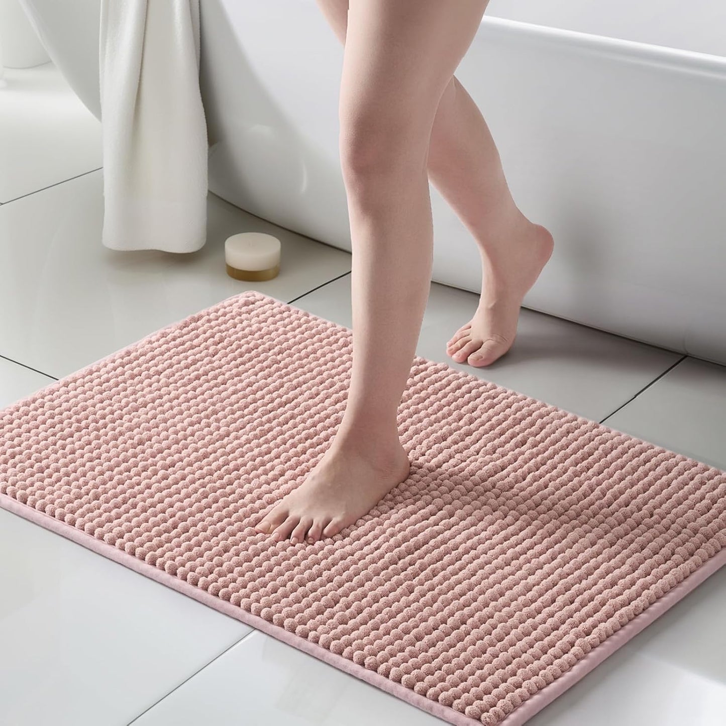 FRESHMINT Thick Chunky Chenille Bathroom Rugs 24"x36", Non Slip Bath Mat for Bathroom Floor, Large Soft Bathroom Decor Accessories, Cute Shower Mat Water Absorbent, Washable, Dusty Pink