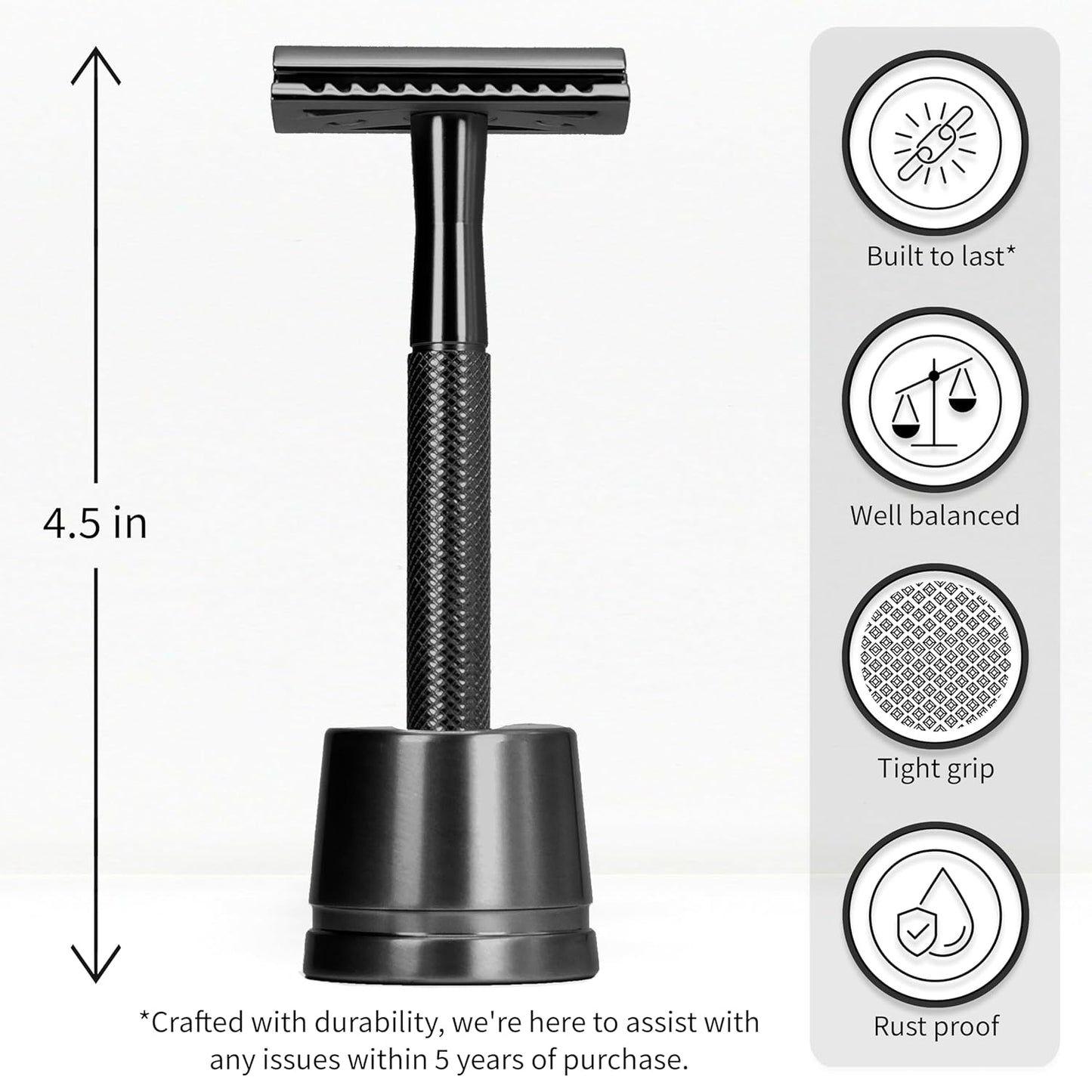 Bambaw Double Edge Safety Razor with 5 Safety Razor Blades, Single Blade Razor for Men with Razor Stand, Double Edge Razor, Safety Razors for Men - Black