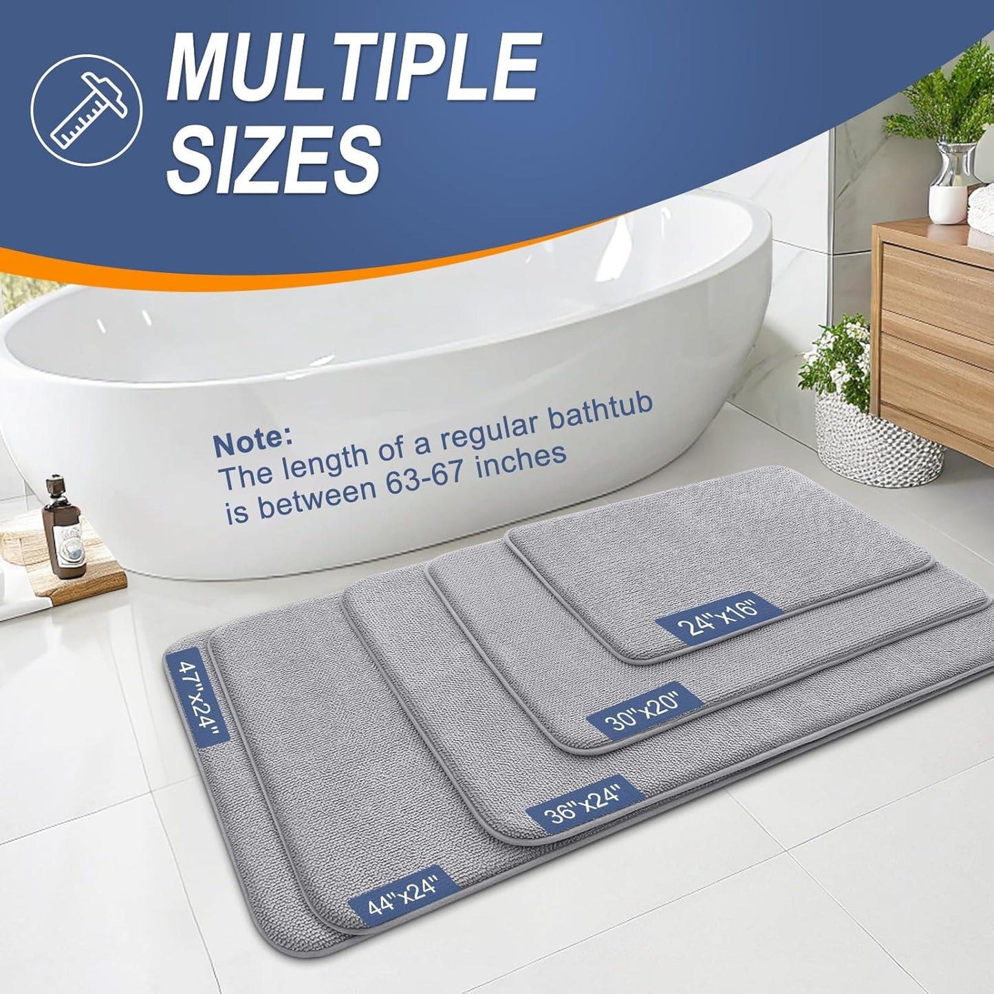 OLANLY Thick Memory Foam Bath Mat Rug 59x24, Extra Soft Absorbent Bathroom Rug, Quick Dry, Machine Washable Bath Mats, Non-Slip, Carpet for Bathroom Floor, Tub and Shower, Home Decor Accessories, Grey