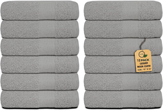 Premium Wash Cloths Pack of 12 (13" x 13") 100% Ring Spun Cotton | Luxury Washcloths | Ultra Soft Face Towels | Highly Absorbent Wash Cloths for face (Silver Grey)