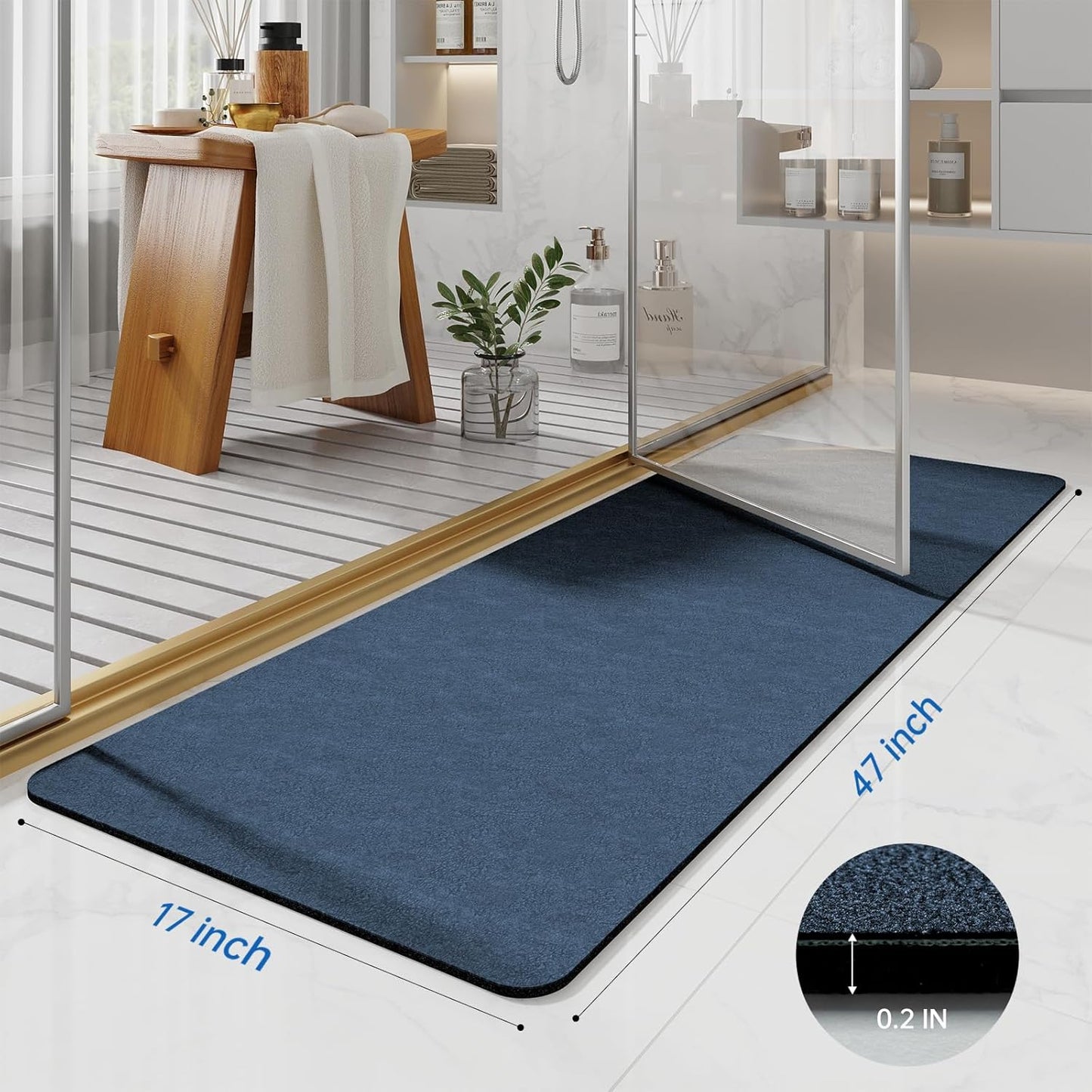 Bathroom Mat Rugs 47x17, Long Diatomaceous Earth Bath Mat Large Quick Dry Bath Mat Non Slip Rubber Backed Super Absorbent Shower Mat, Thin Bathroom Runner Rugs Floor Mat Fit Under Door, Navy Blue