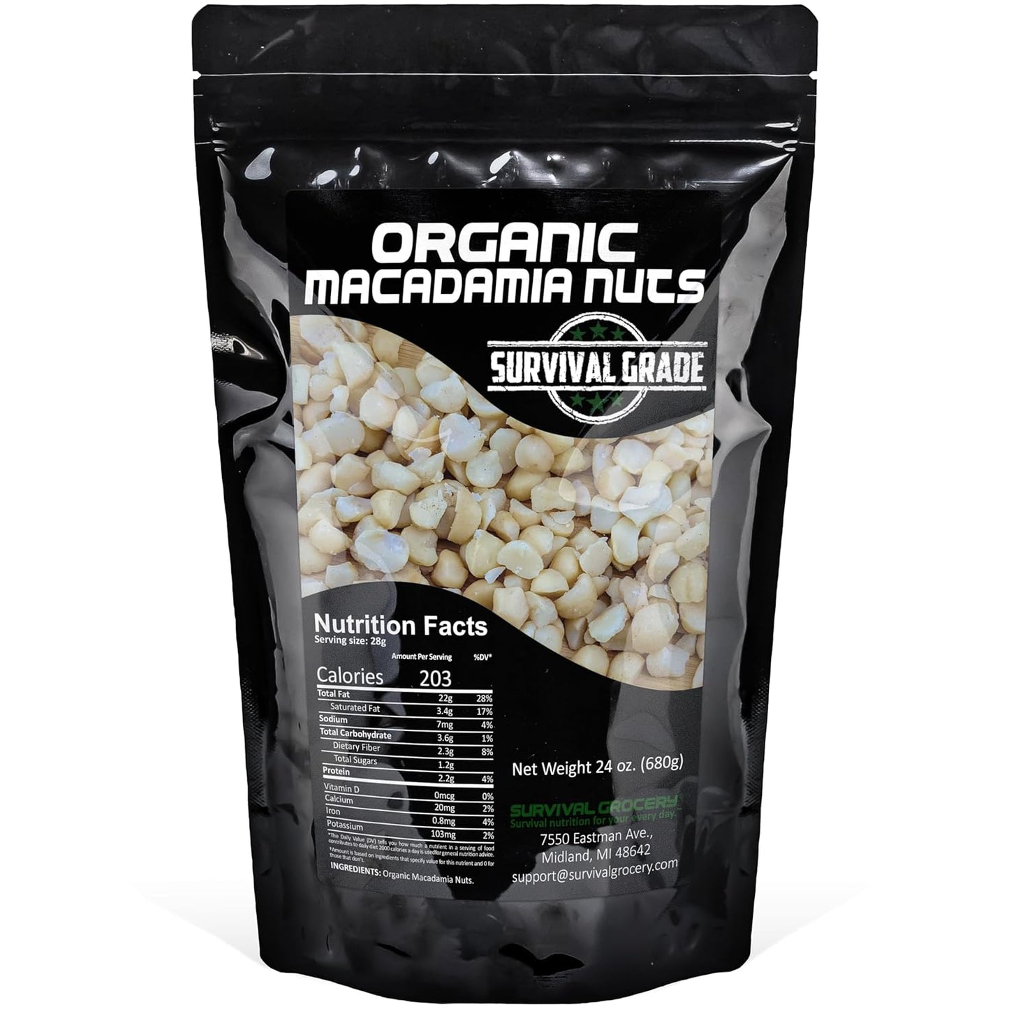 Survival Grocery® Organic Macadamia Nuts – Keto-Friendly Healthy Fats & Plant Protein, Oxygen- & Light-Barrier Packaging + O₂ & Moisture Packs, (Single or Multi-Pack Savings) (24 oz./1 Bag)