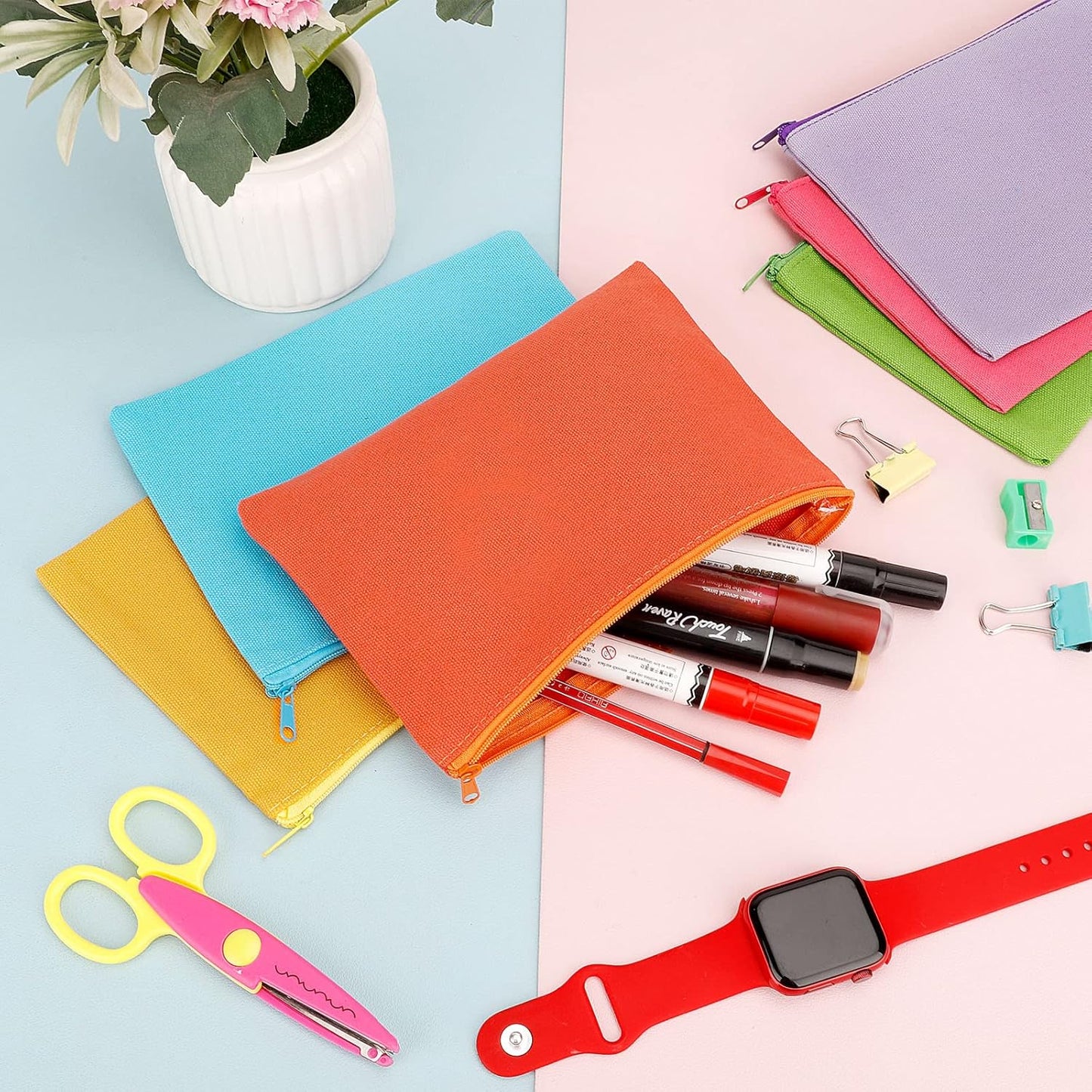 12 Pieces Cotton Canvas Makeup Bag, Multipurpose Cosmetic Bag with Zipper Travel Toiletry Pouch, Blank DIY Craft Bag (Multicolored B, S)