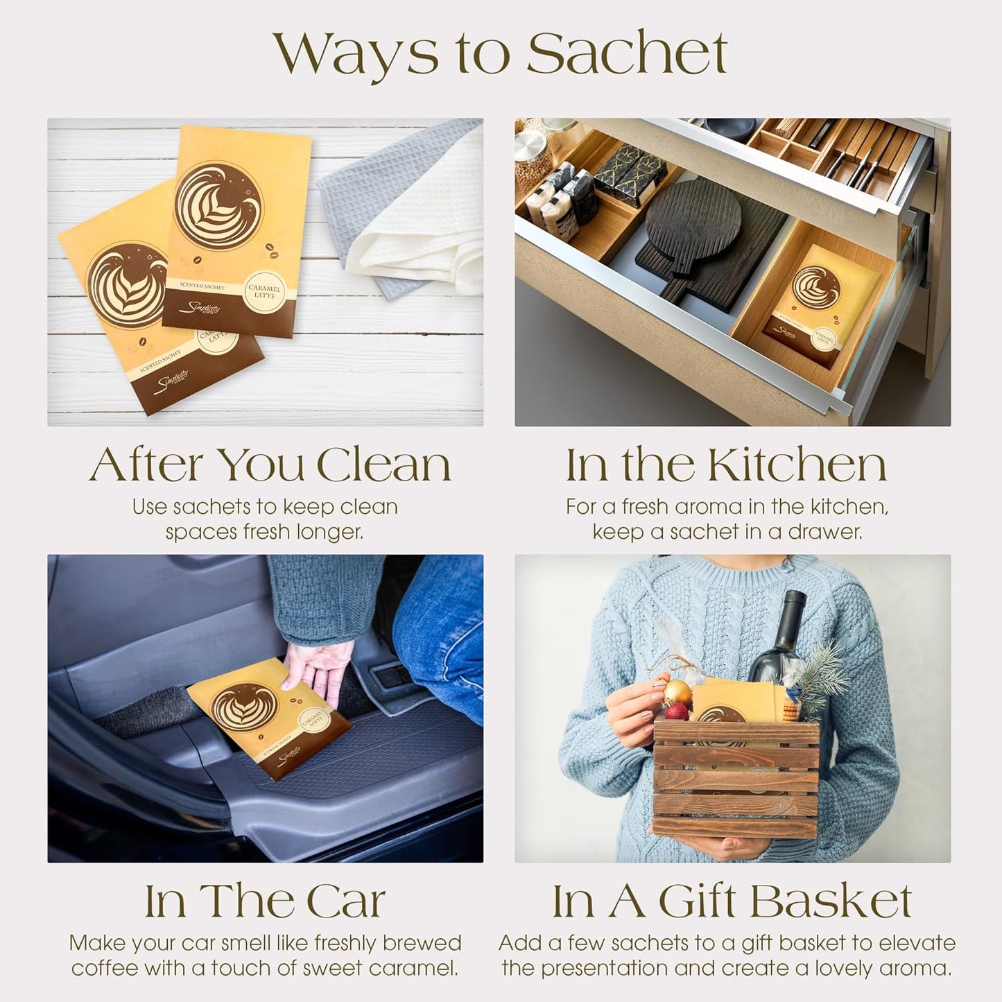 Floral Simplicity Caramel Latte Scented Sachets Pack of 3, Fall & Winter - Long-Lasting Scented Bags, Home Fragrance, Air Freshener & Deodorizer for Closet, Room, Drawer, or Cars, Made in The USA