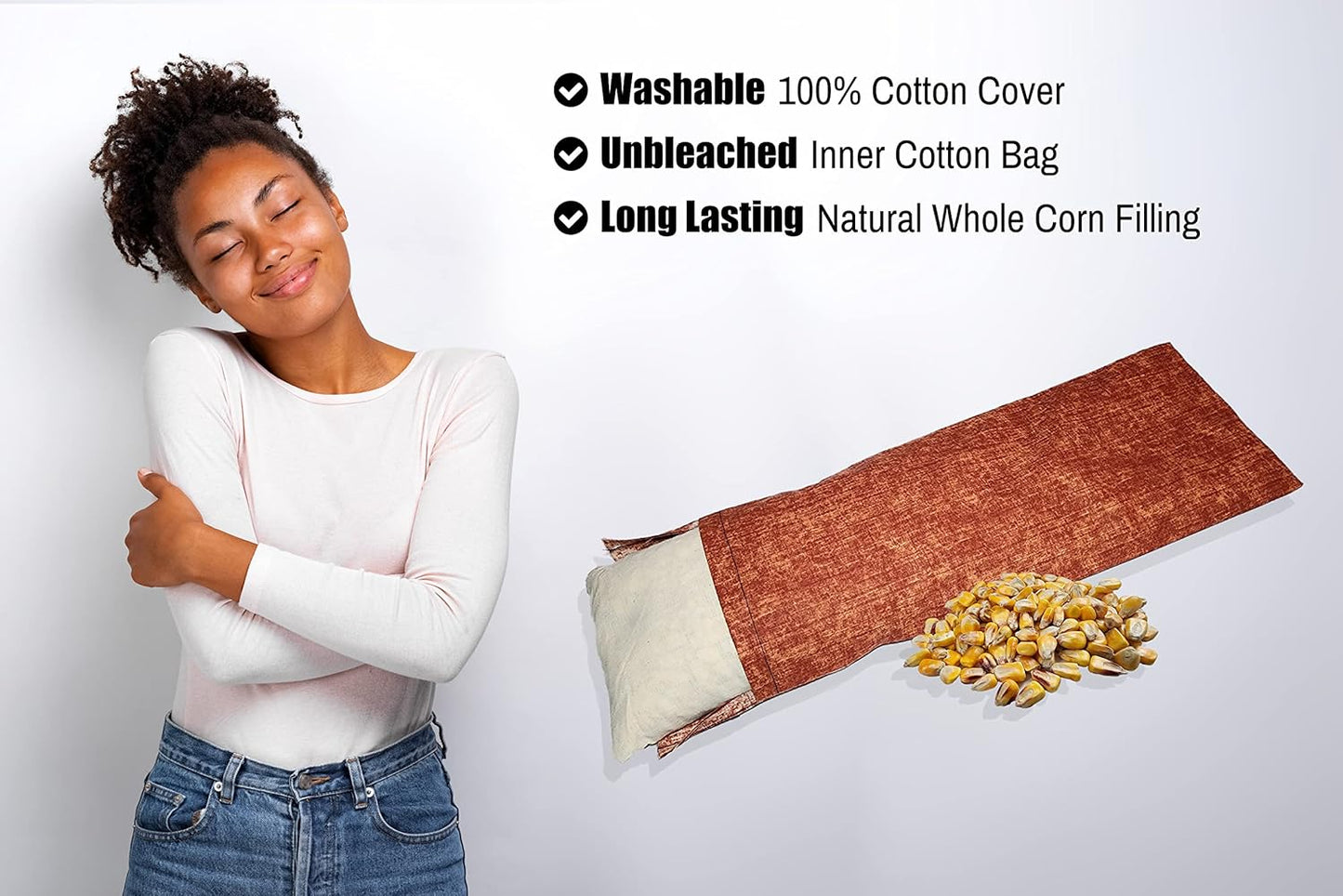 Microwavable Corn Filled Heating Pad and Cold Pack/Washable 100% Cotton Cover (Cross Hatch - Rust, 5.25in W x 17.25in L)
