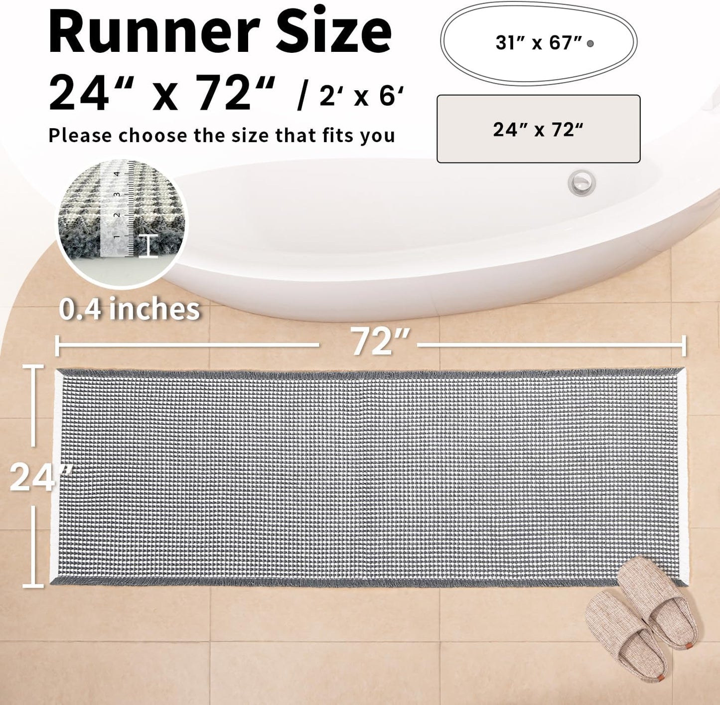 Waffle Runner Bath Mat - Long Boho Bathroom Rugs Non Slip Washable, Super Absorbent & Quick Dry, Soft Bath Mat Farmhouse Bathroom Decor, 24'' x 72'', Dark Grey and White