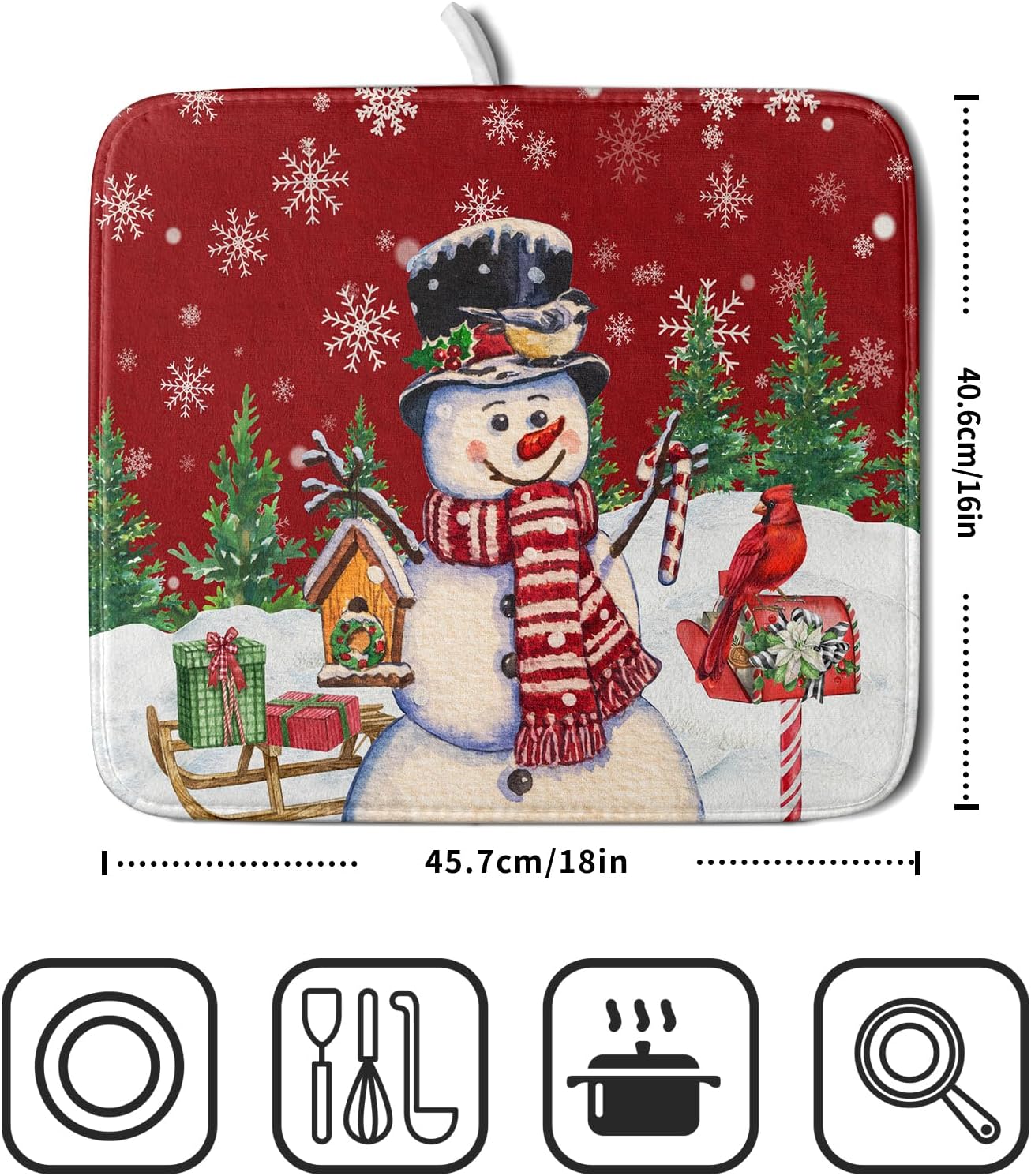 Winter Snowman Dish Drying Mat Red Bird Microfiber Dish Pad 16x18 Inch Absorbent Fast Dry Dishes Draining Mats Holiday Kitchen Accessories