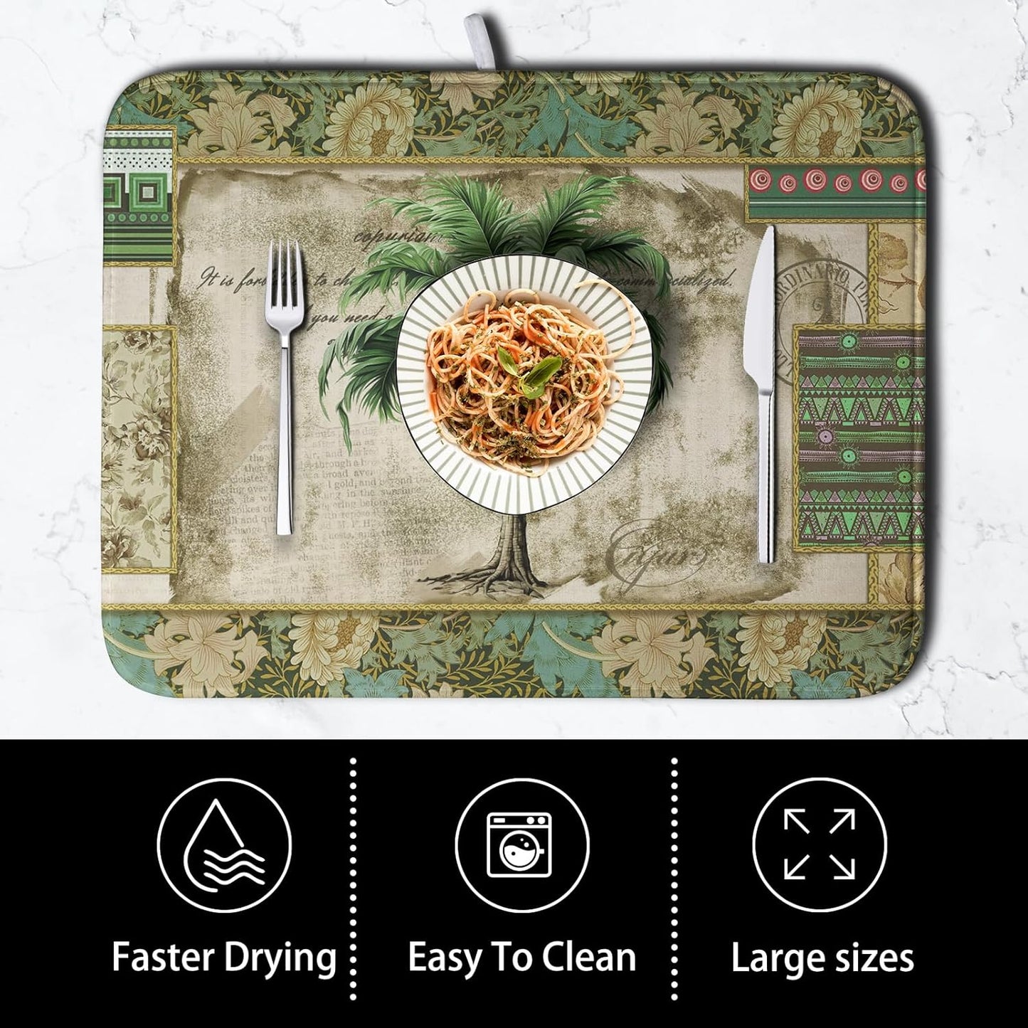 Palm Tree Kitchen Dish Drying Mat for Dishes 16x18 Inch Summer Vintage Tropical Leaves Green Jungle Plant Drying Mat Botanical Dish Drainer Mat Super Absorbent Dish Rack Pad for Coffee Bar Sinks