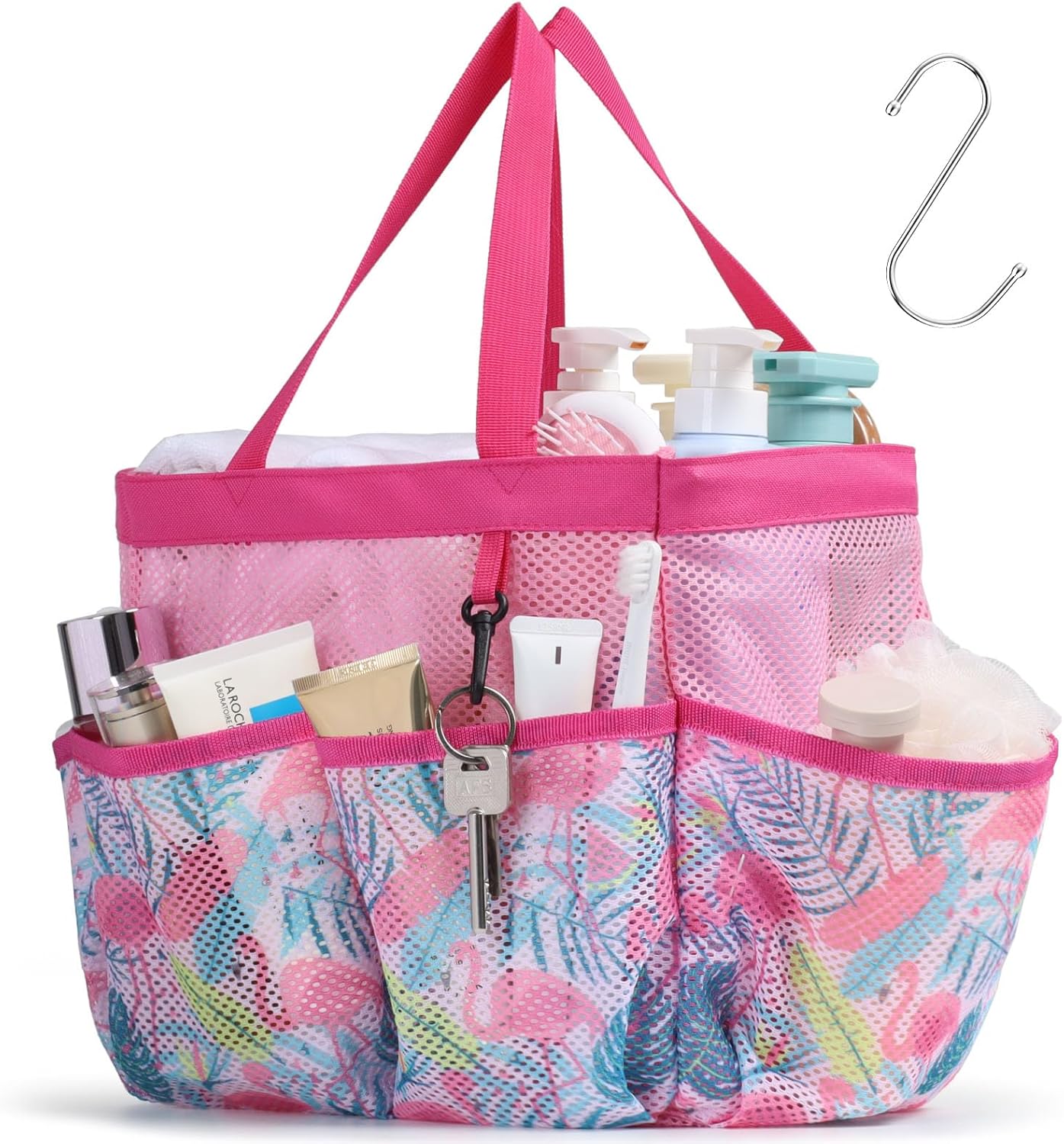 F-color Shower Caddy Portable - Mesh Shower Bag Basket Tote for College Dorm Room Essentials Bathroom Gym Camp Quick Dry for Women Men with S Hook, Pink Flamingo