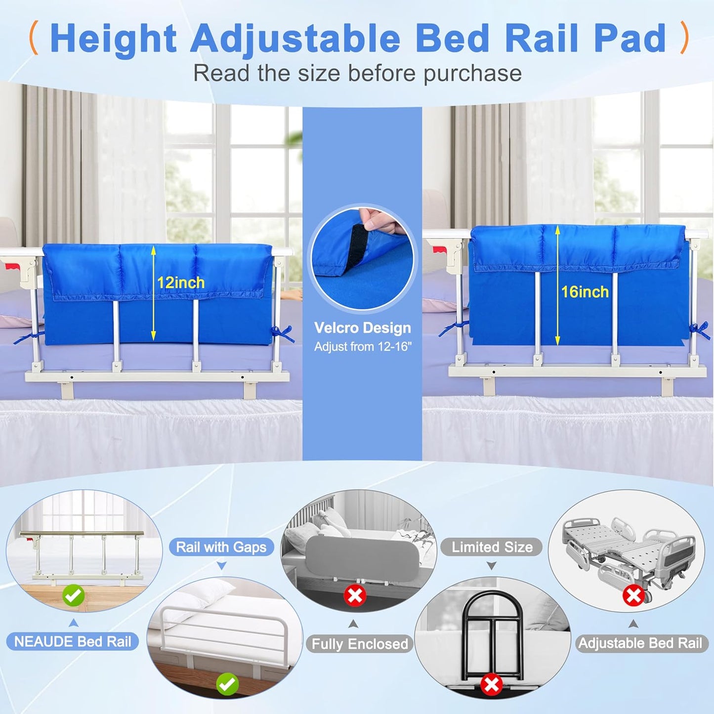 Bed Rail Pads for Elderly Adults Safety, Hospital Bed Railing Covers, Bedside Guard Rails Cover, Sleep Bumpers Foam Padding Cushion for King Queen Bed, Medical Bed Rail Padded Handicap