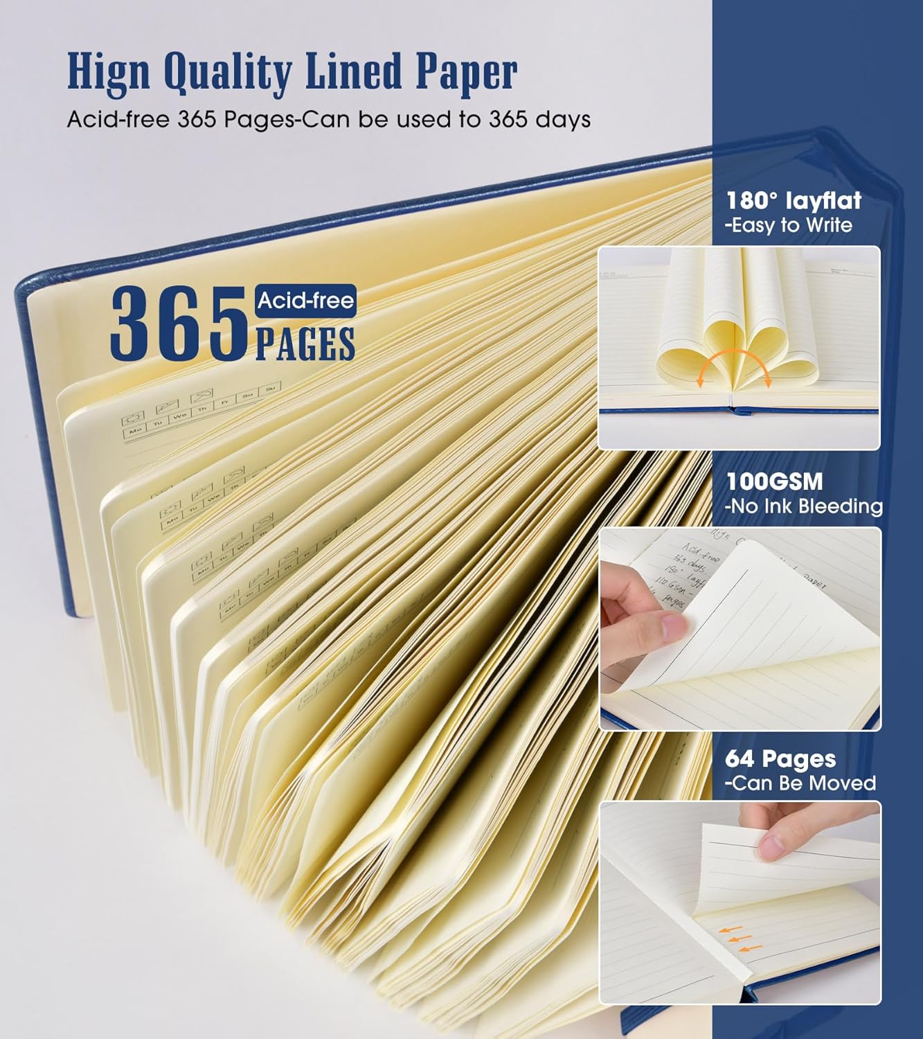 Lined Journal Notebook, 365 Pages B5 Large Journals for Writing Ruled Notebook, Hardcover Leather Journal for Women Men, Daily Notebook for Work, Note Taking, 100Gsm Thick Paper (7.6'' X 10''Darkblue)